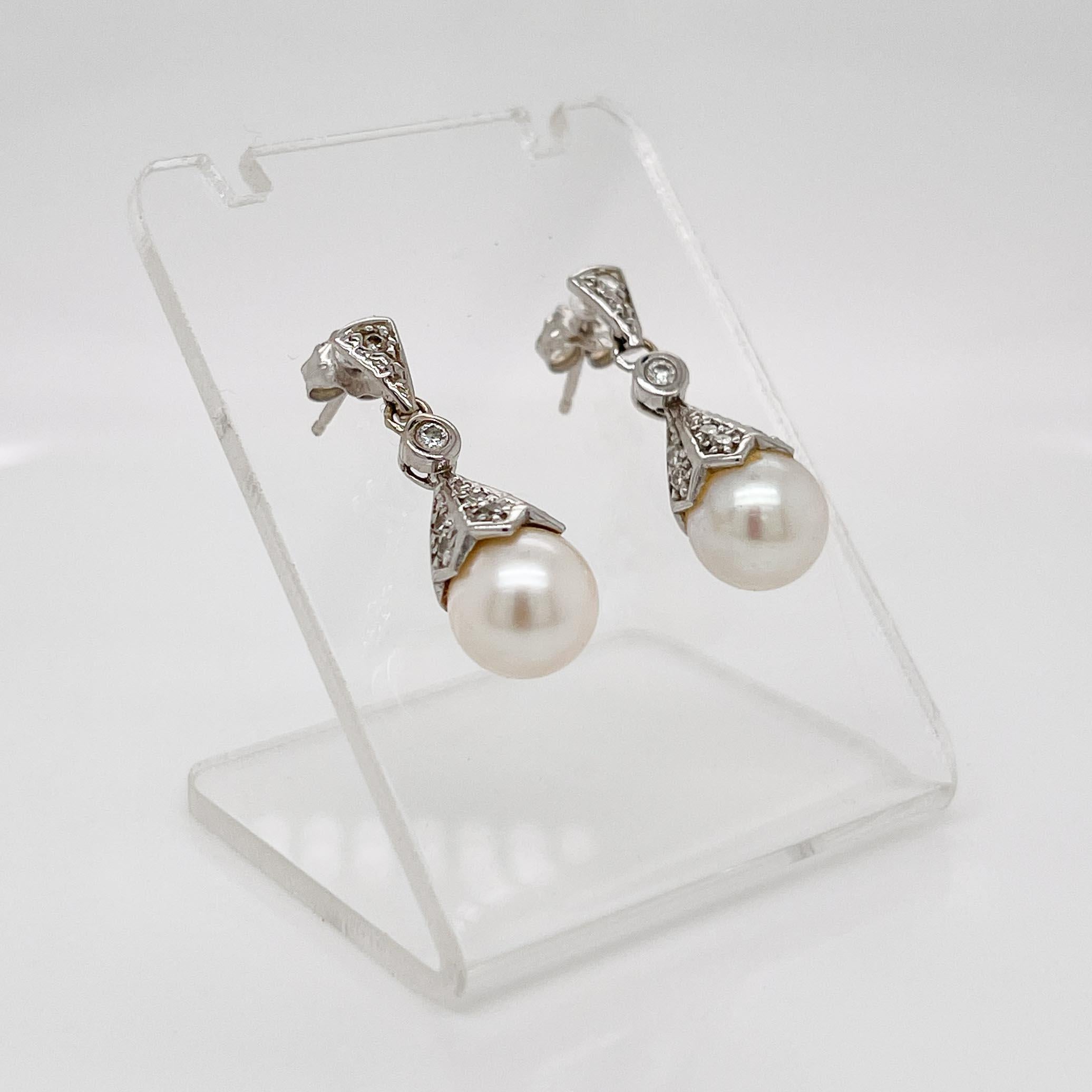 Women's Pair of Edwardian Style Pearl, Diamond & 14 Karat White Gold Earrings