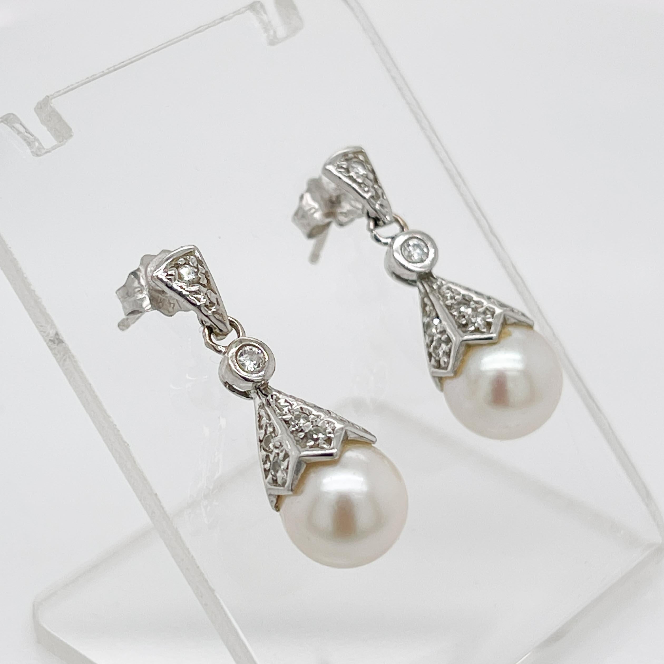 Pair of Edwardian Style Pearl, Diamond & 14 Karat White Gold Earrings 1