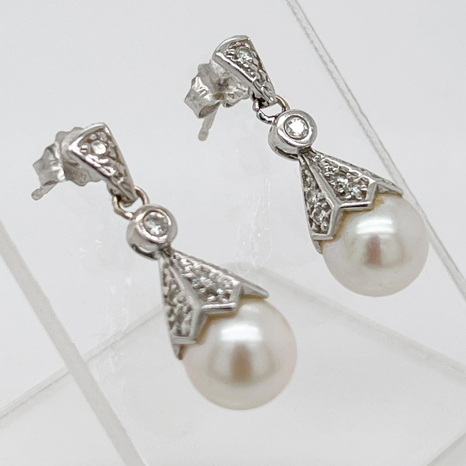 Pair of Edwardian Style Pearl, Diamond & 14 Karat White Gold Earrings 2