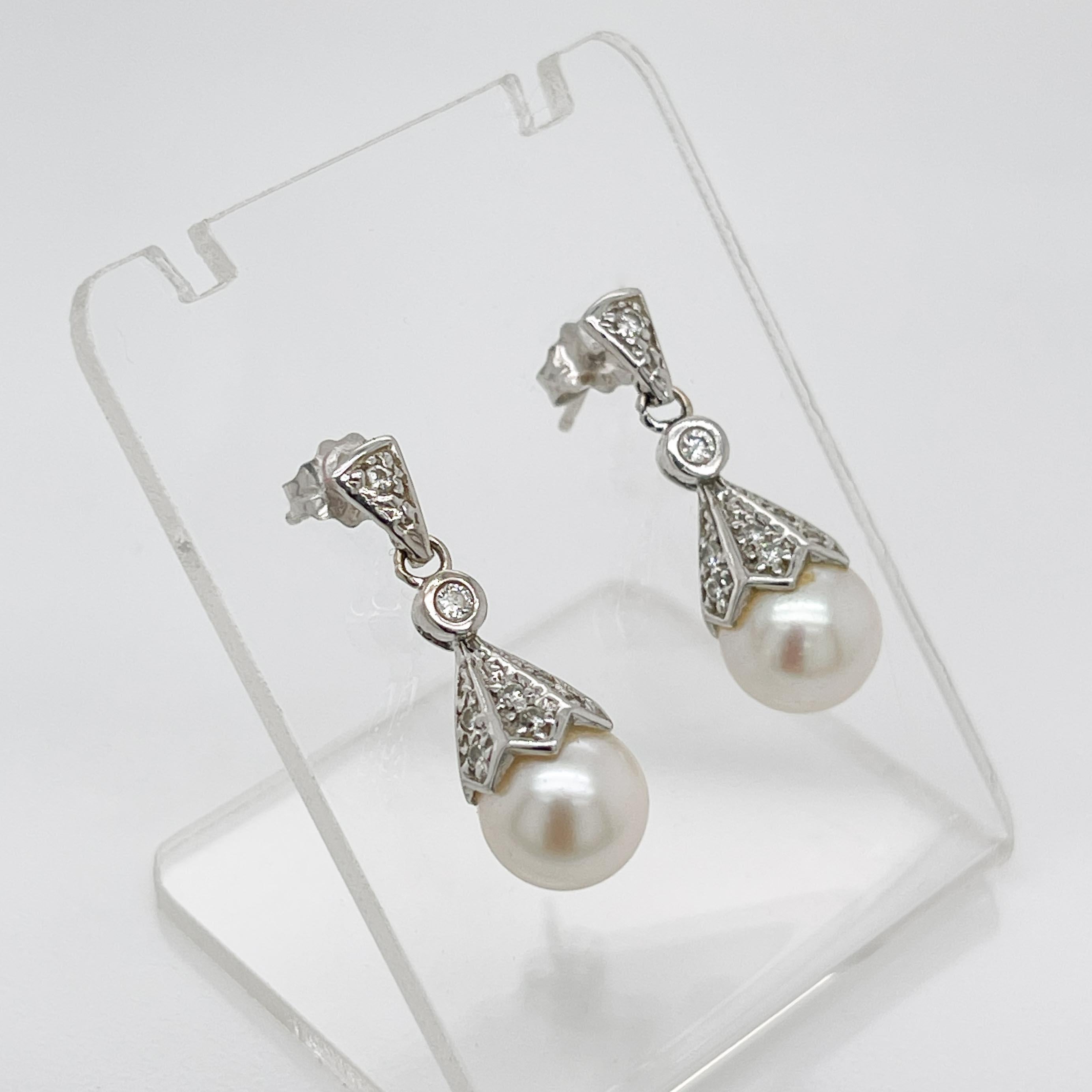 Pair of Edwardian Style Pearl, Diamond & 14 Karat White Gold Earrings 3