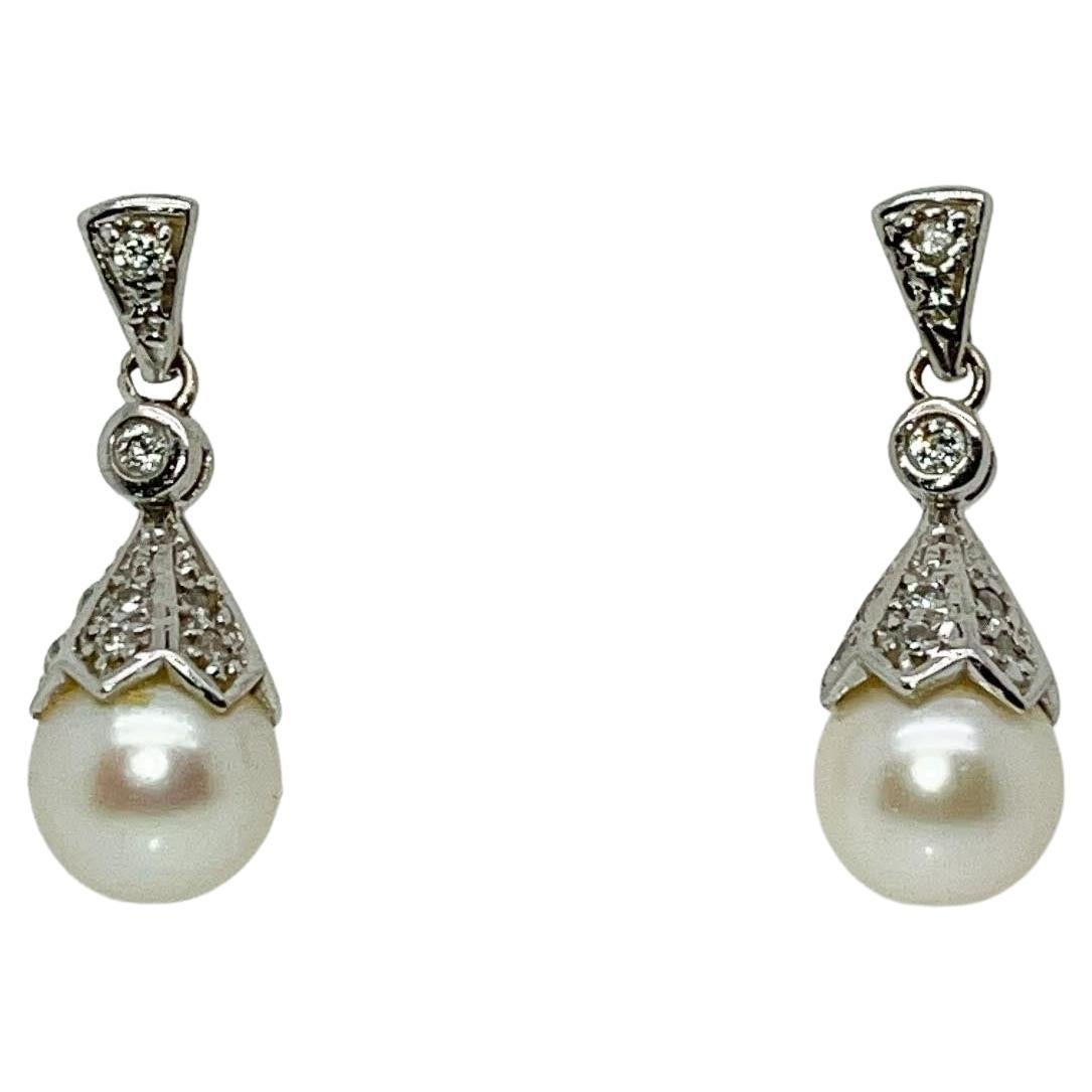 Pair of Edwardian Style Pearl, Diamond & 14 Karat White Gold Earrings