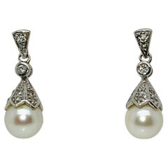Pair of Edwardian Style Pearl, Diamond & 14 Karat White Gold Earrings