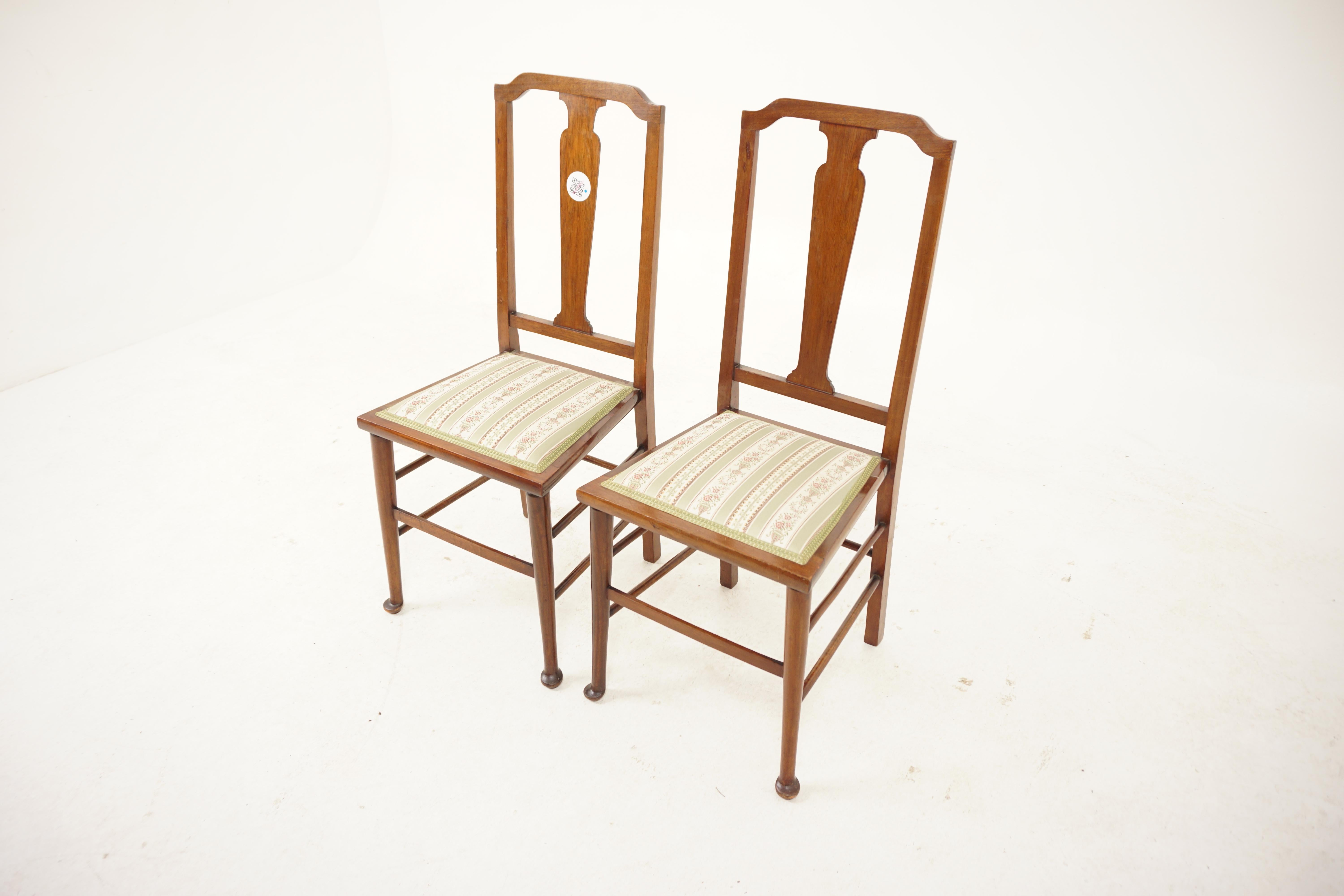 Pair of Edwardian walnut bedroom chairs, Scotland 1910, H067

Scotland 1910
Solid Walnut
Original Finish
Shaped top rail
Center shaped splat to the back
Newly upholstered seats
Standing on turned legs to the front
The chairs have six cross