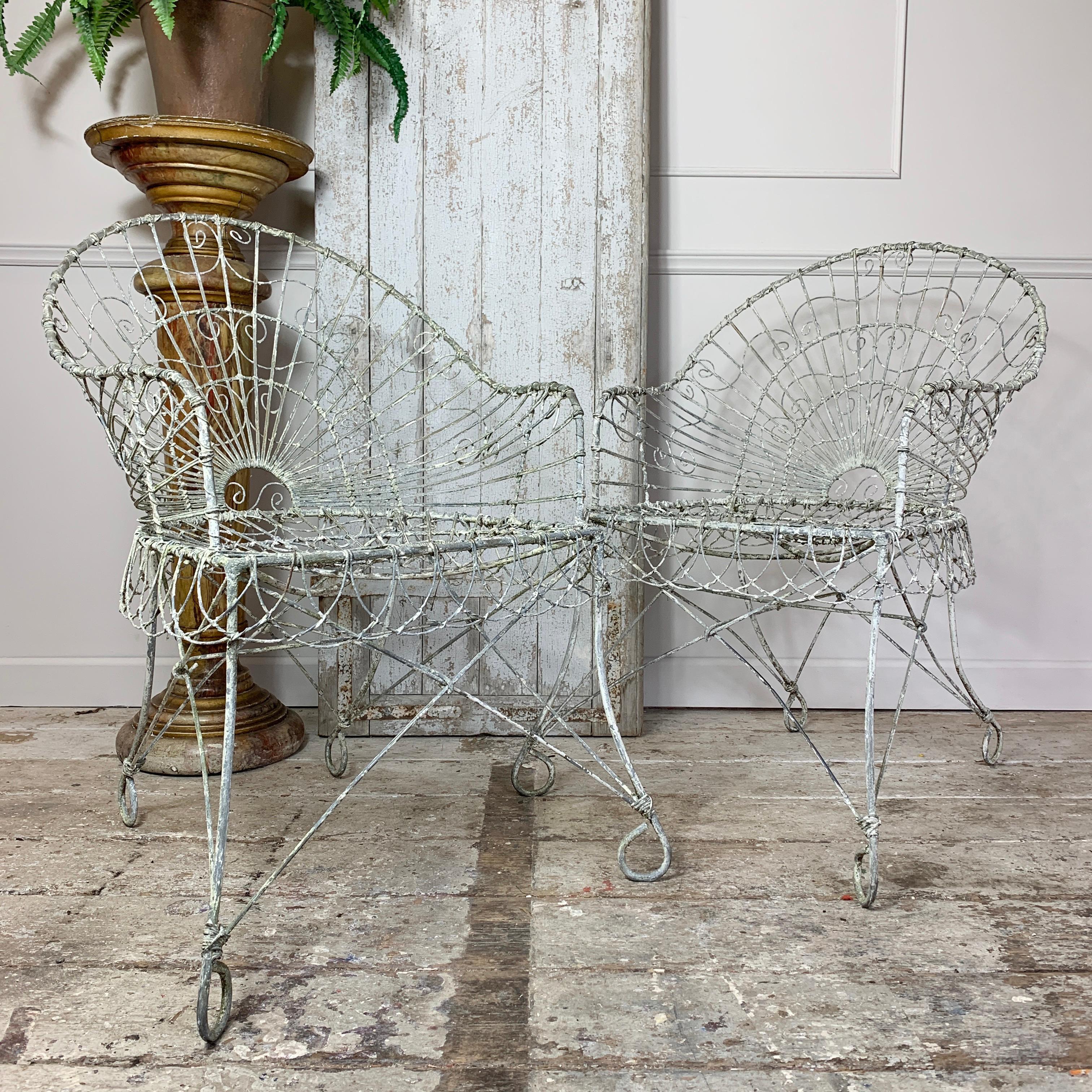 Pair of Edwardian Wirework Garden Chairs In Good Condition In Hastings, GB