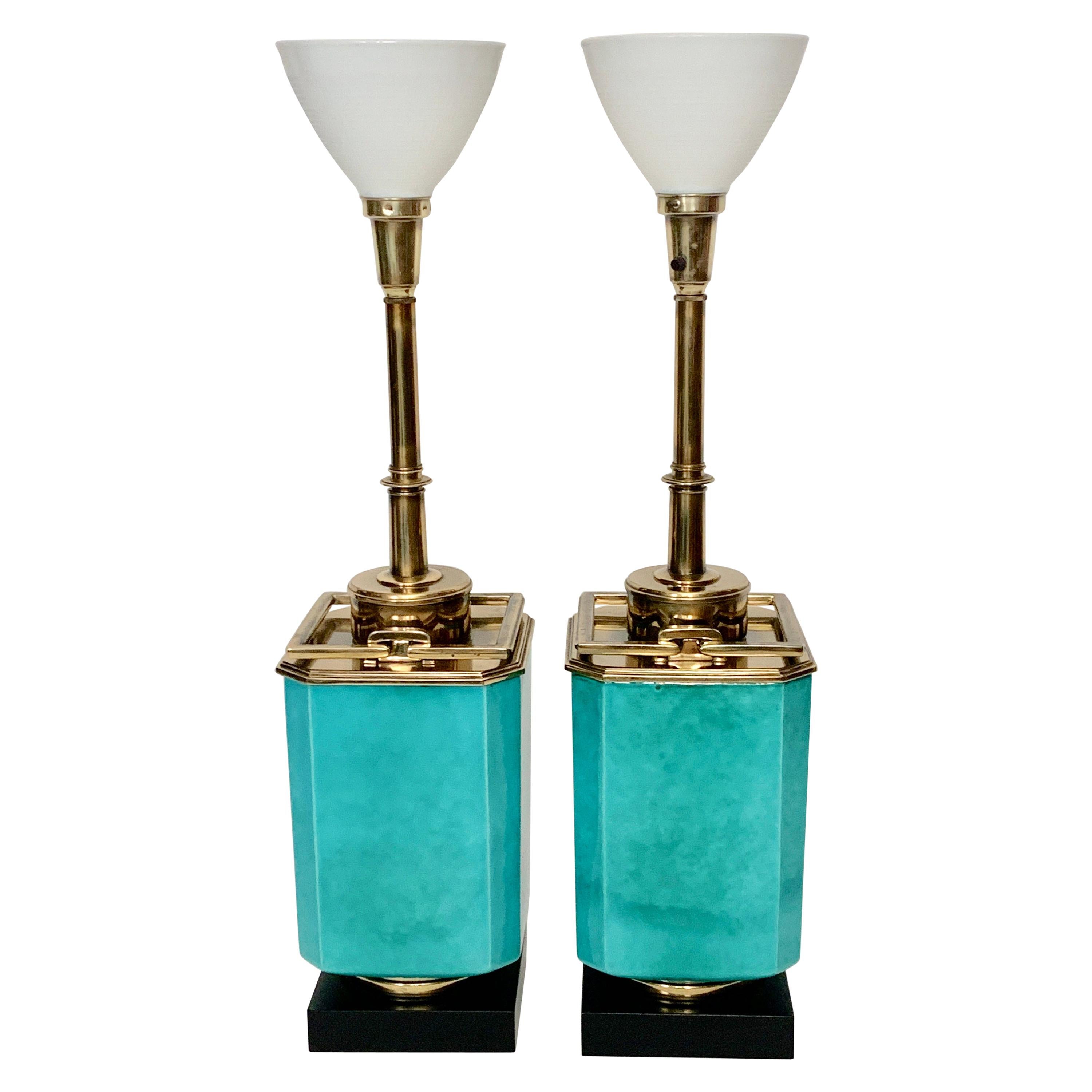 Pair of Edwin Cole for Stiffel Aqua Ceramic & Brass Table Lamp with Glass Shades
