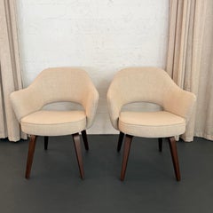 Pair Of Eero Saarinen For Knoll Wood Executive Armchairs In Cream Tweed