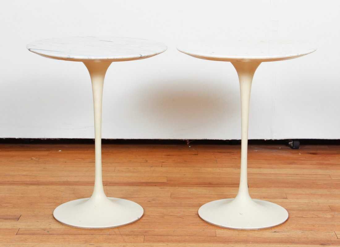 Gorgeous pair of Eero Saarinen tulip side tables in marble. Normal light wear to bases. Original pair.