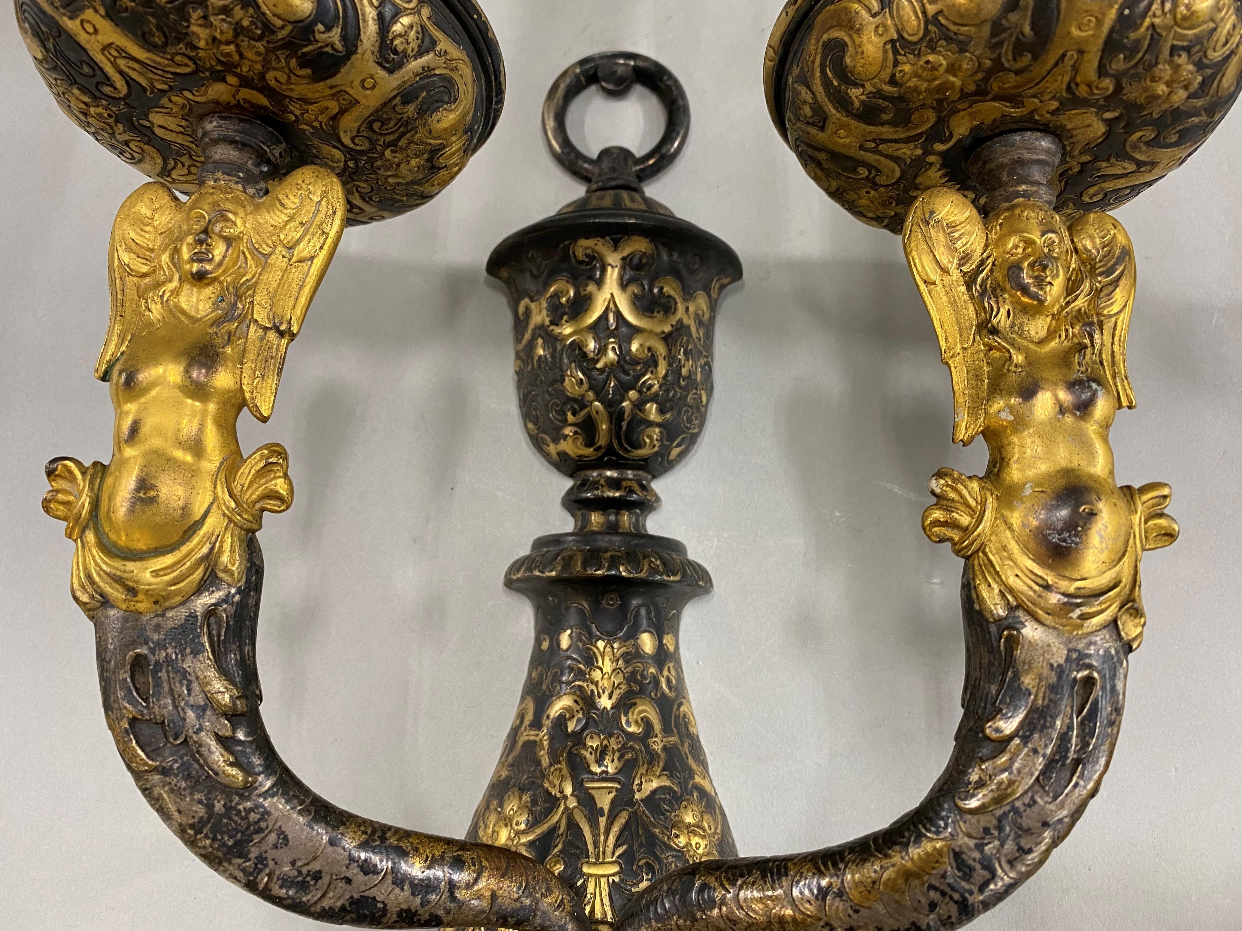 Pair of EF Caldwell Two Light Gilt & Ebonized Bronze Sconces, circa 1900 In Good Condition In Milford, NH