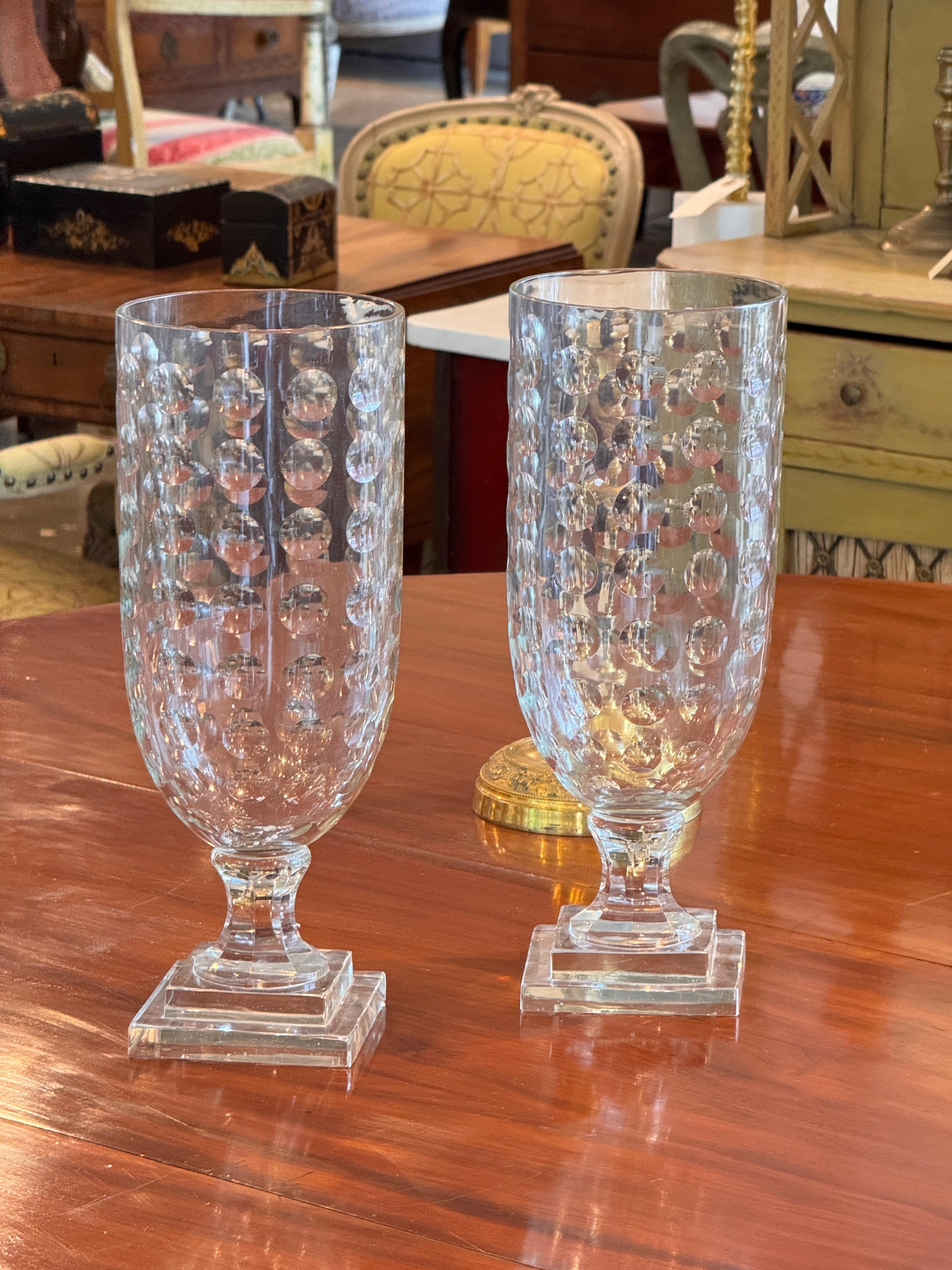 Contemporary Pair of Egg-Cut Glass Urns on Tiered Bases For Sale