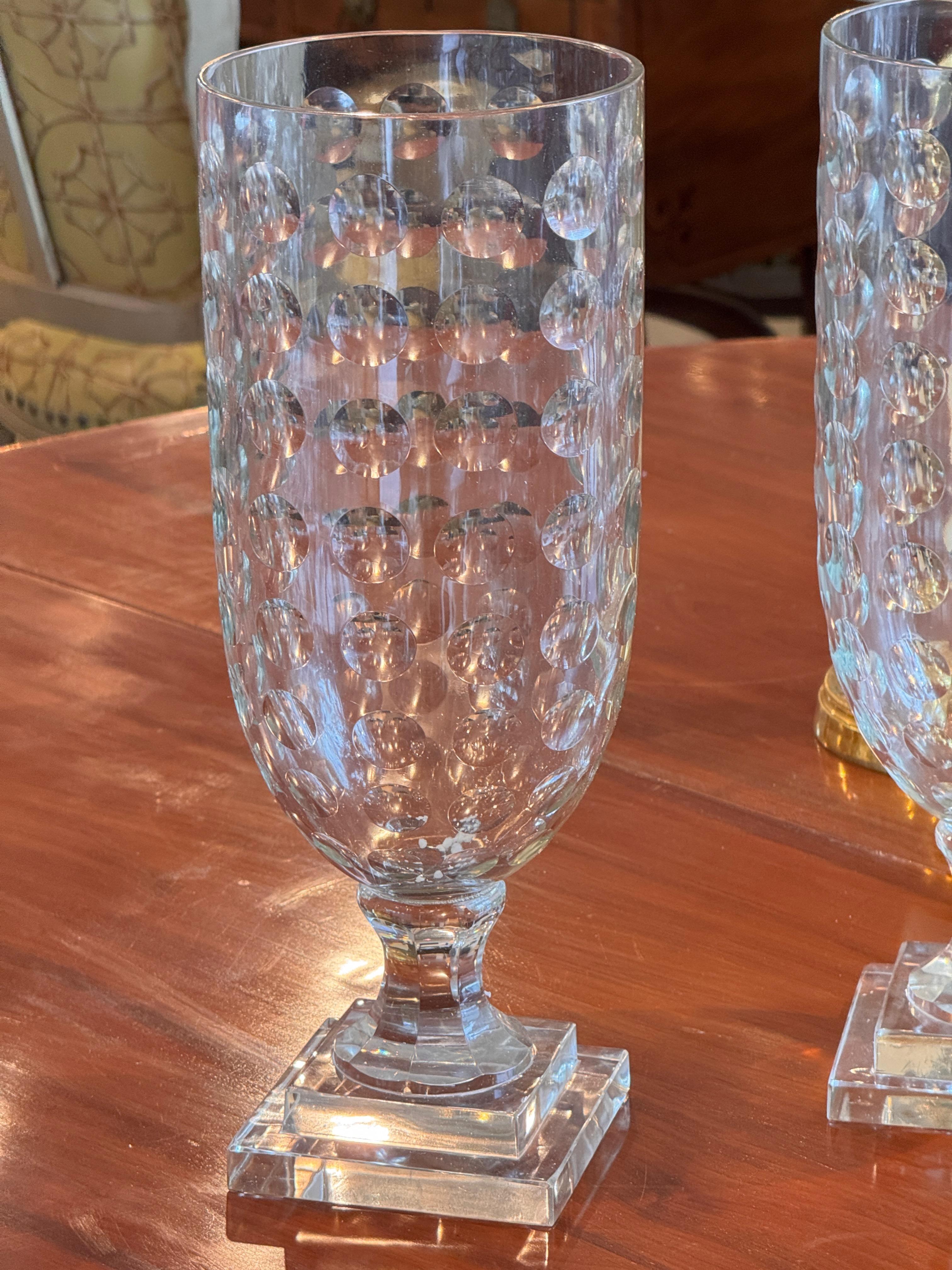 Pair of Egg-Cut Glass Urns on Tiered Bases For Sale 1