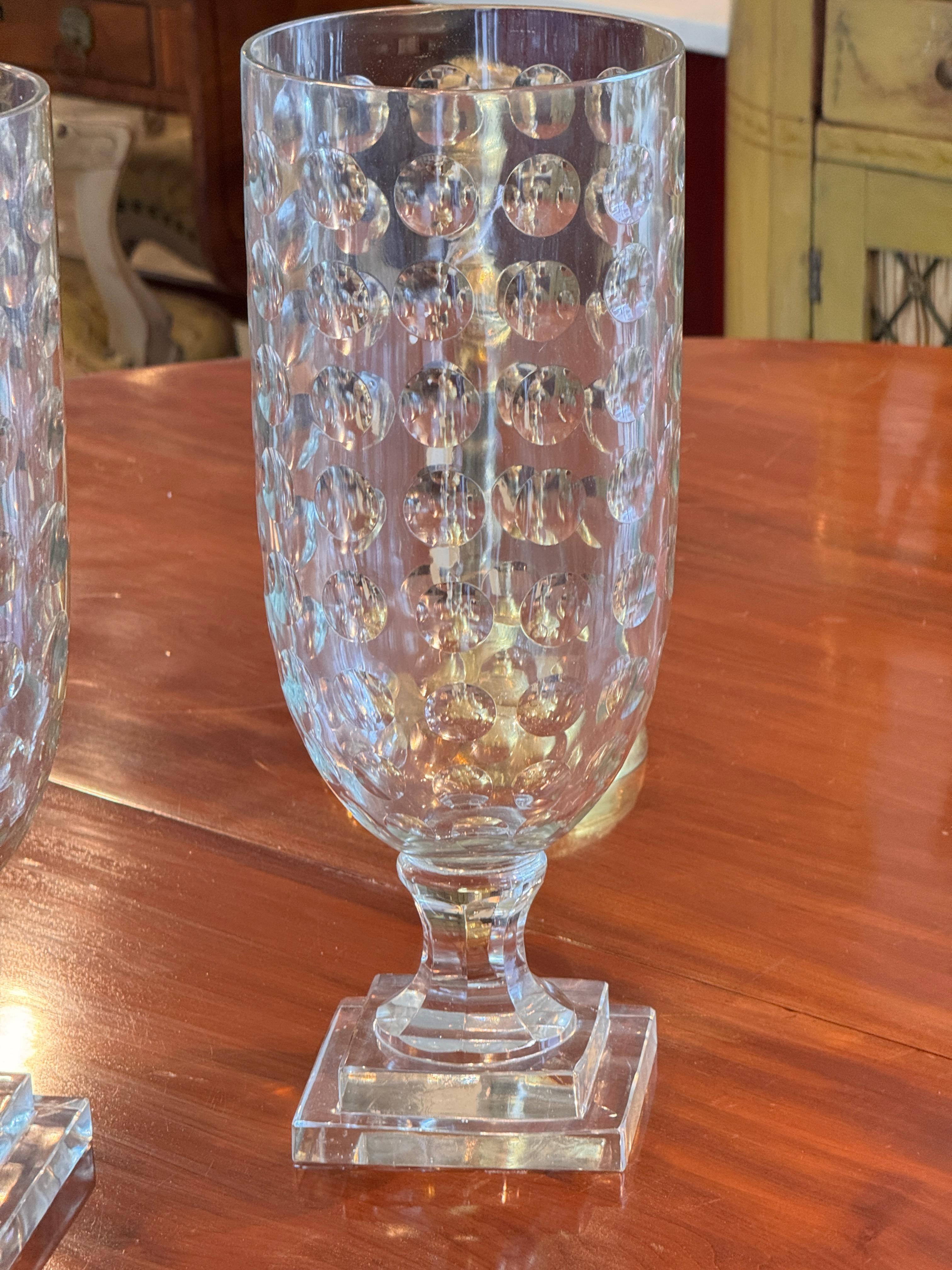 Pair of Egg-Cut Glass Urns on Tiered Bases For Sale 2