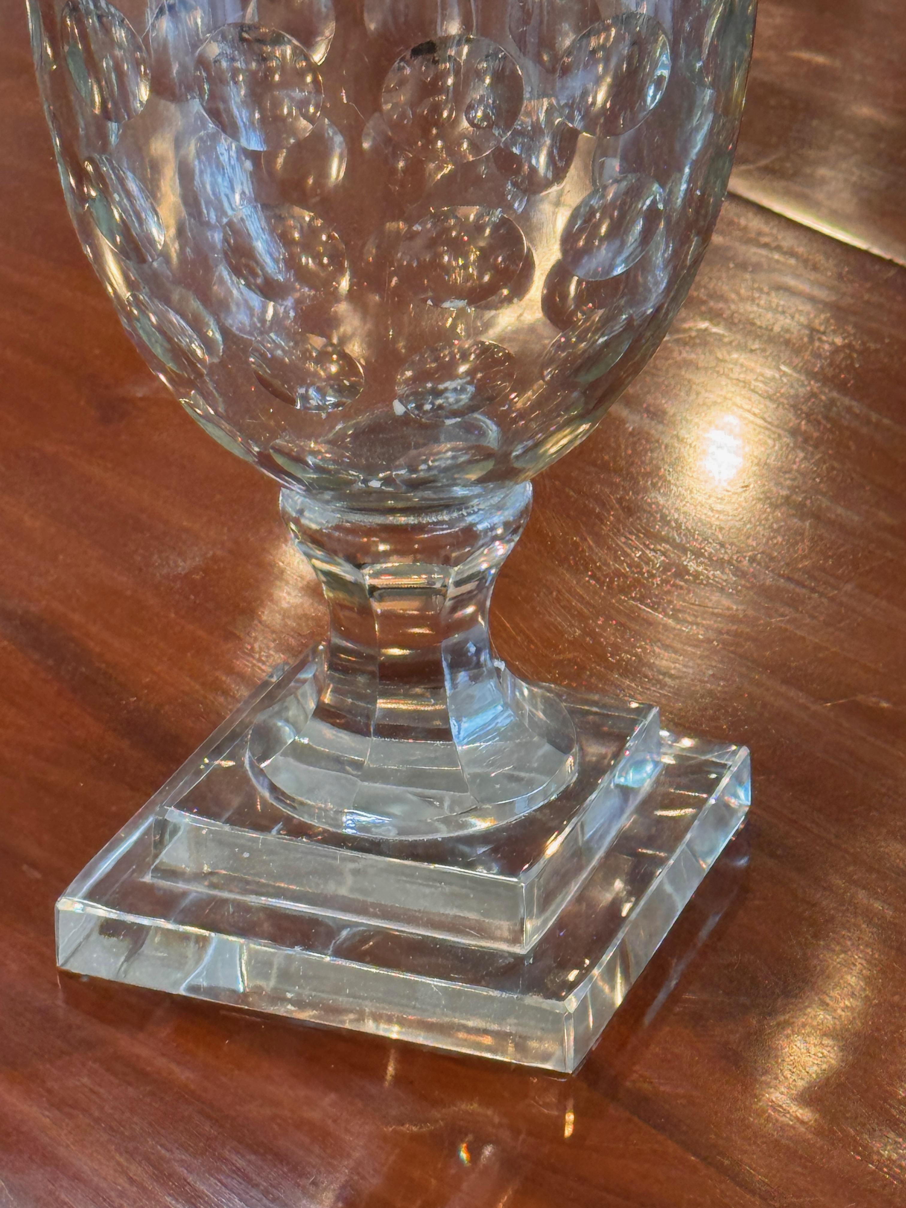 Pair of Egg-Cut Glass Urns on Tiered Bases For Sale 3
