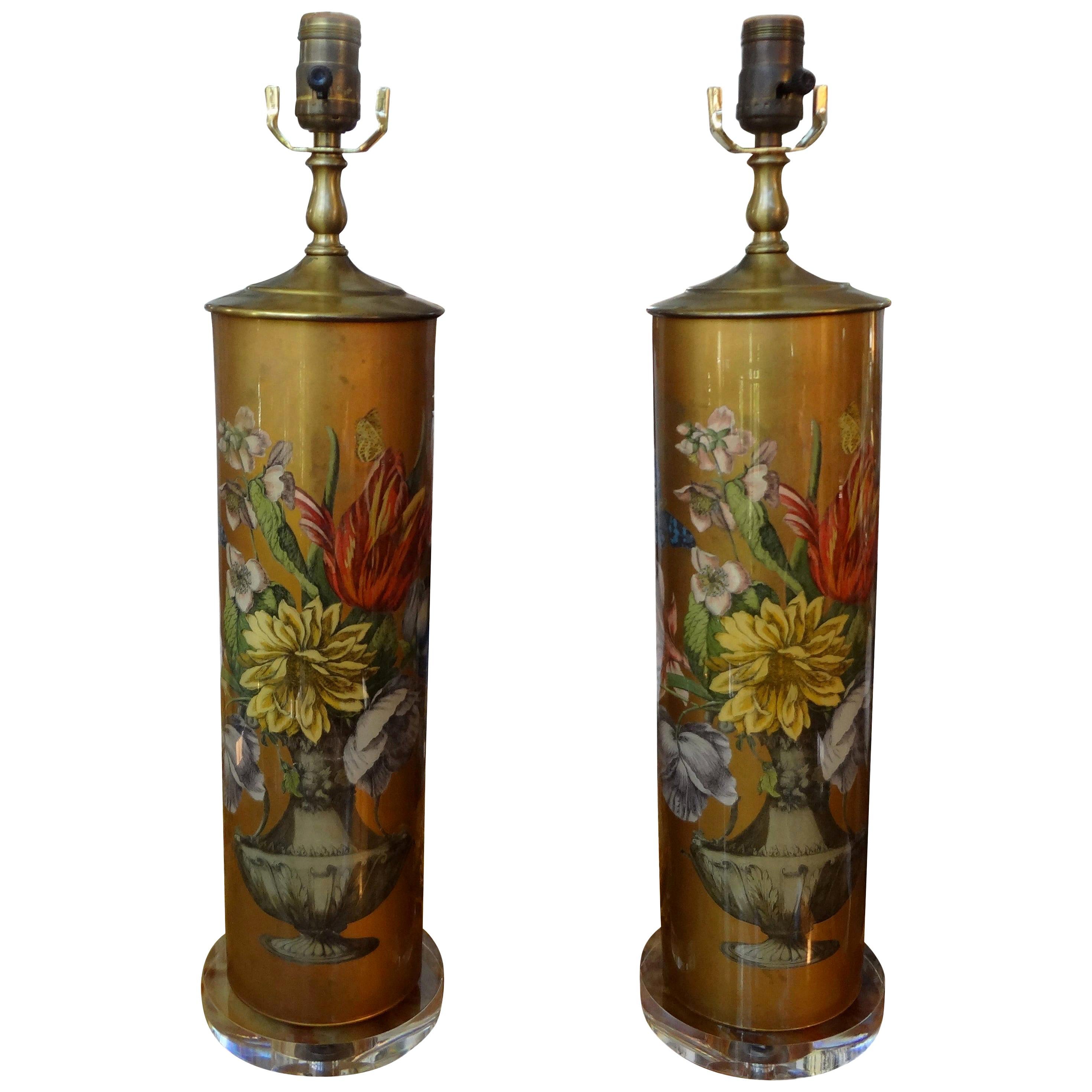 Pair of Églomisé Lamps with Floral Design