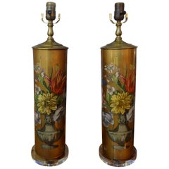 Pair of Églomisé Lamps with Floral Design
