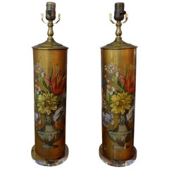 Pair of Églomisé Lamps with Floral Design