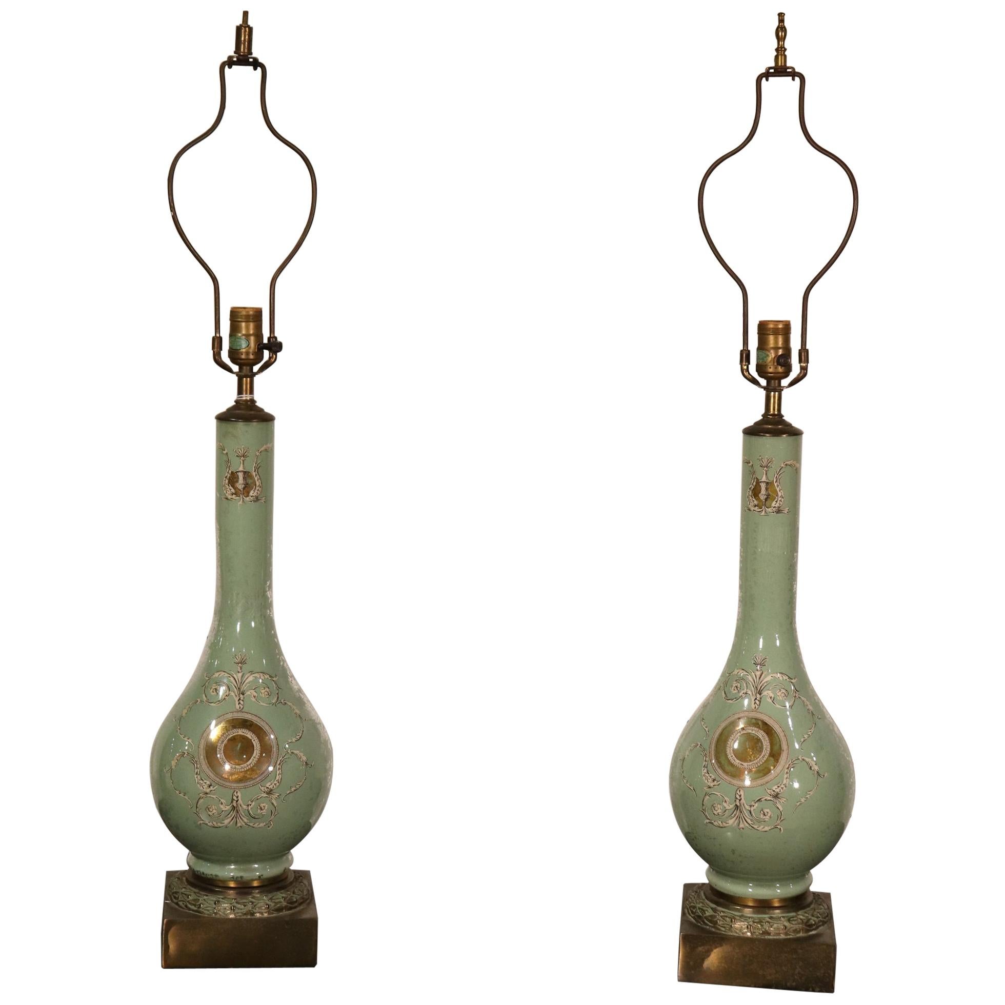 Pair of Eglomise Paint Decorated Gilded Italian Style Table Lamps, Circa 1940s For Sale