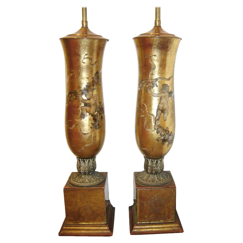 Pair of Eglomize Table Lamps For Sale