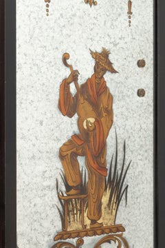 Pair of Eglomized Mirrors, Asian Musicians, att to Maison Jansen, France 1940s