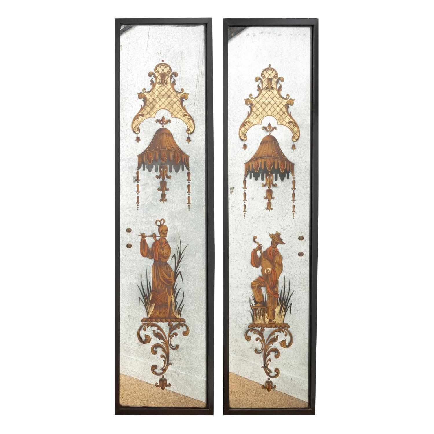 Pair of Eglomized Mirrors, Asian Musicians, att to Maison Jansen, France 1940s For Sale