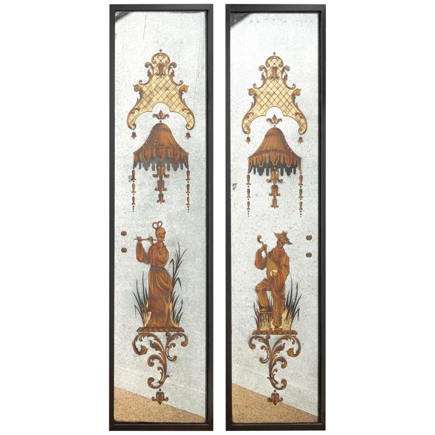 Pair of Eglomized Mirrors, Asian Musicians, Attributed to Maison Jansen, France For Sale