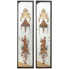 Used Pair of Eglomized Mirrors, Asian Musicians, Attributed to Maison Jansen, France