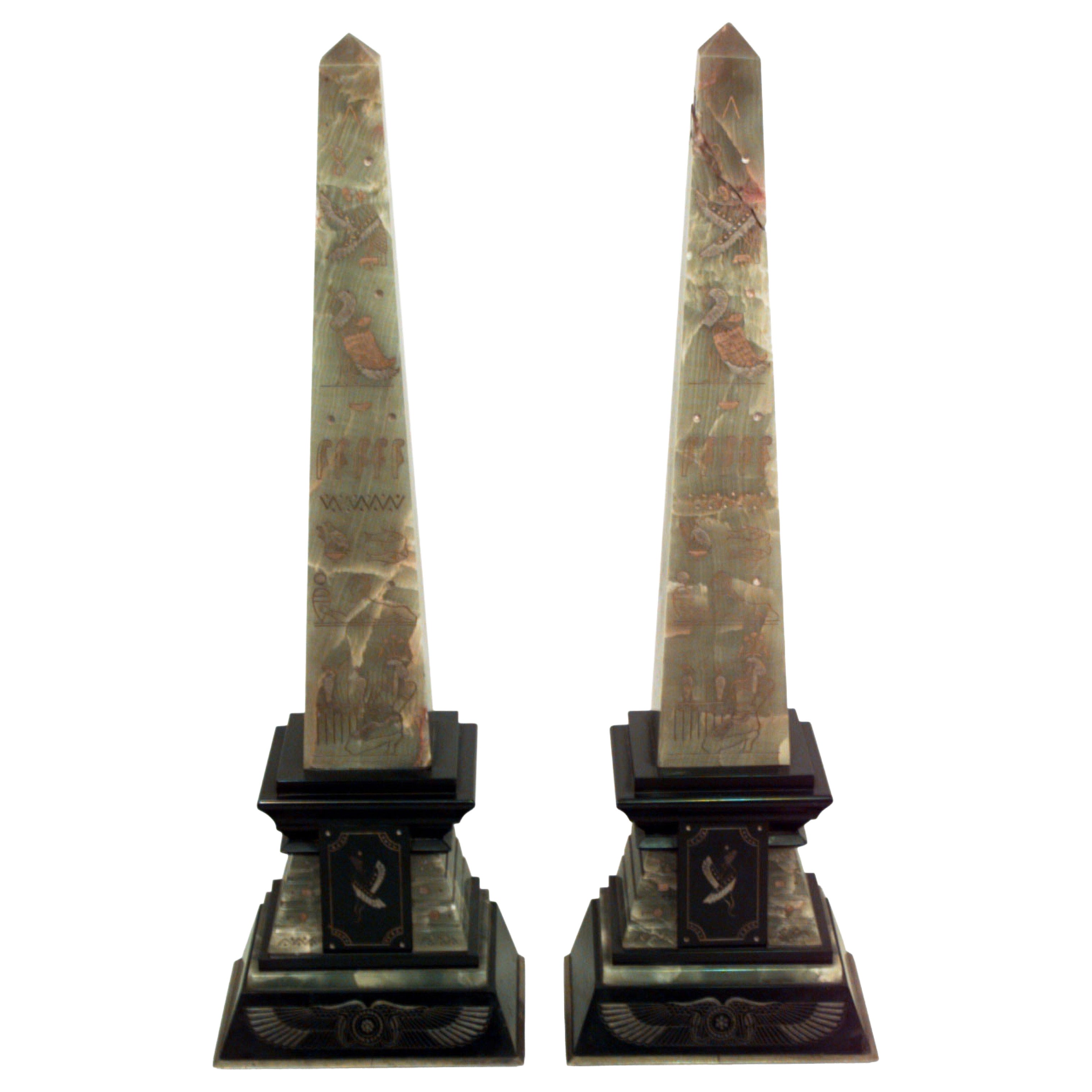 Pair of Egyptian Green Onyx and Black Marble Obelisks For Sale