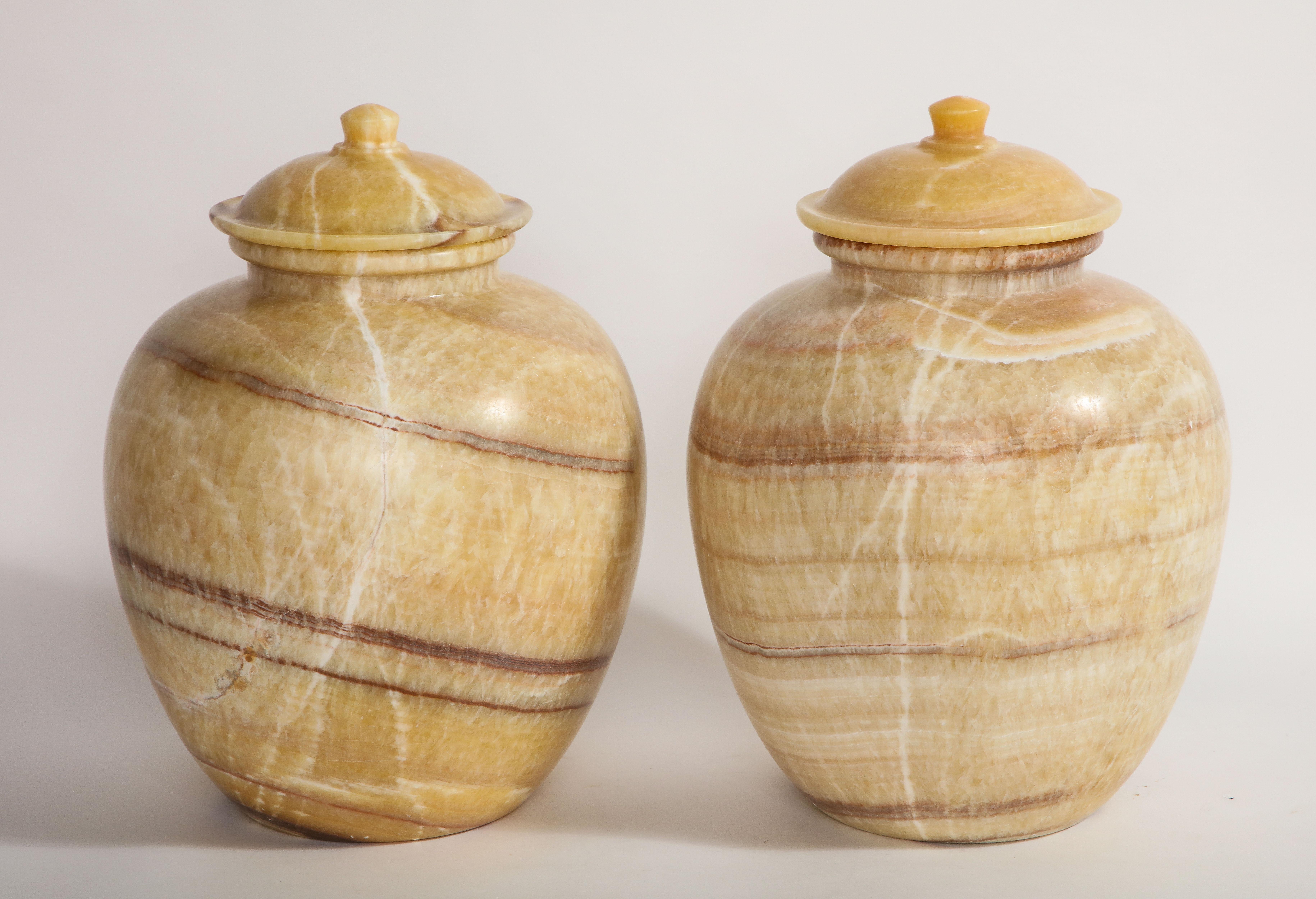 Italian Pair of Egyptian Midcentury/Art Deco Style Honey Alabaster Marble Covered Vases For Sale