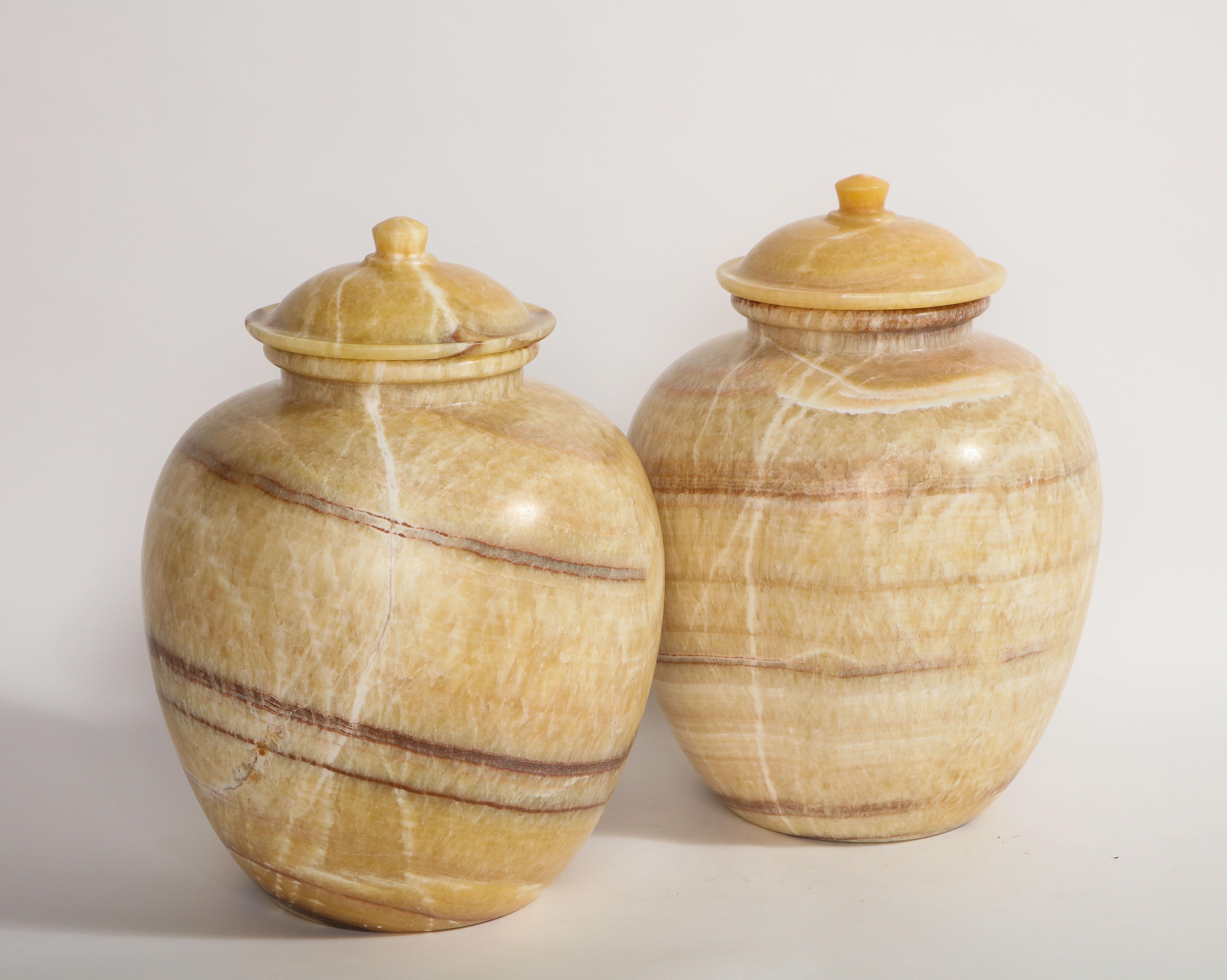 Hand-Carved Pair of Egyptian Midcentury/Art Deco Style Honey Alabaster Marble Covered Vases For Sale