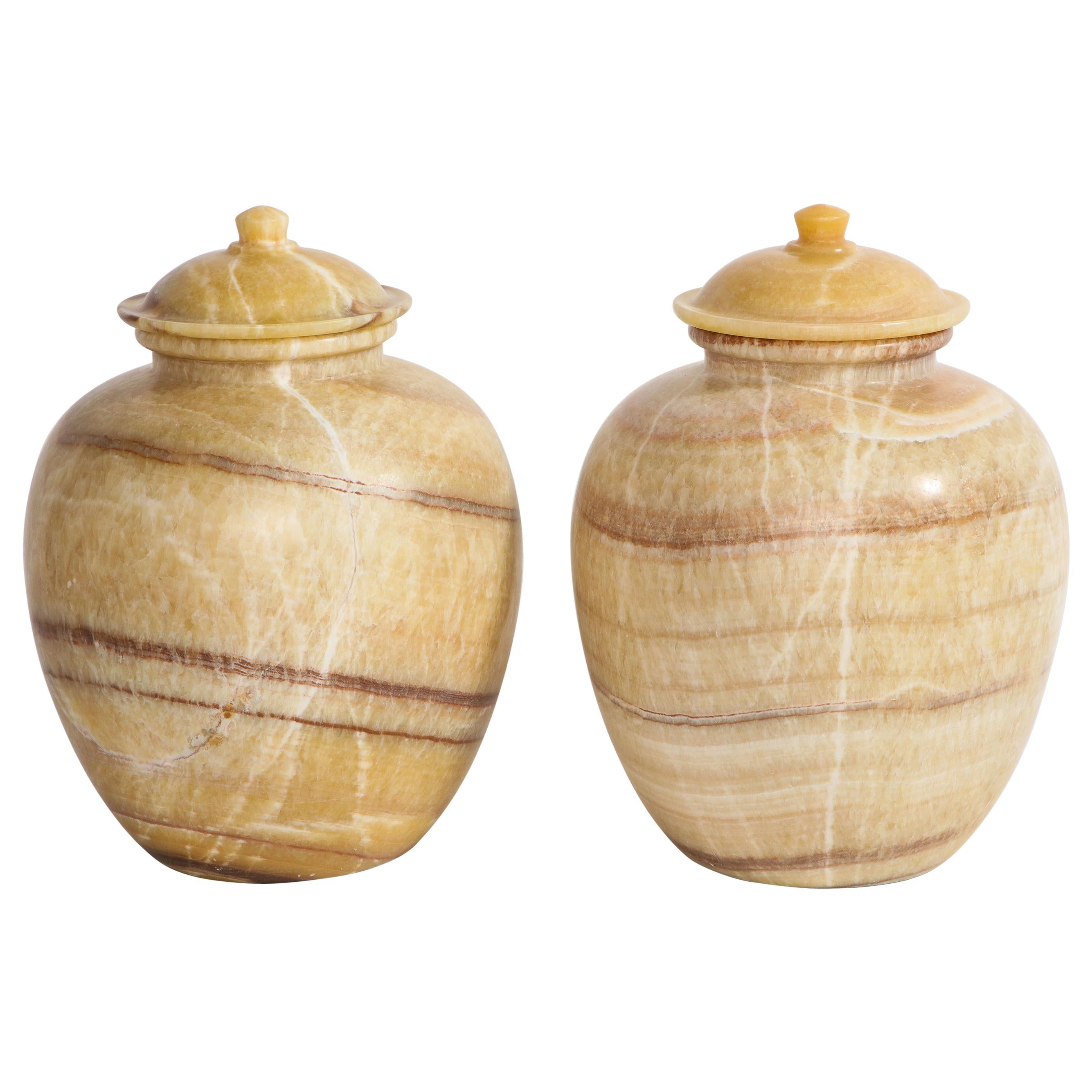 Pair of Egyptian Midcentury/Art Deco Style Honey Alabaster Marble Covered Vases For Sale
