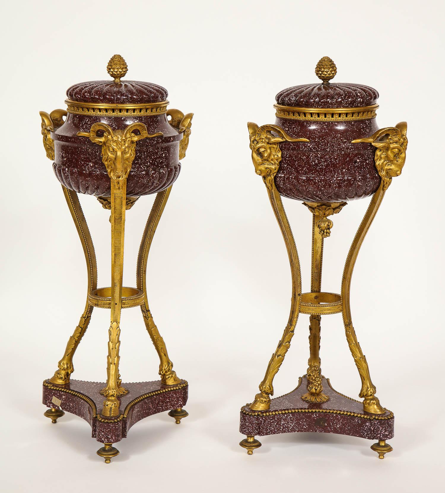 Gilt Pair of Egyptian Porphyry Ormolu-Mounted Brule Parfumes after Gouthiere For Sale