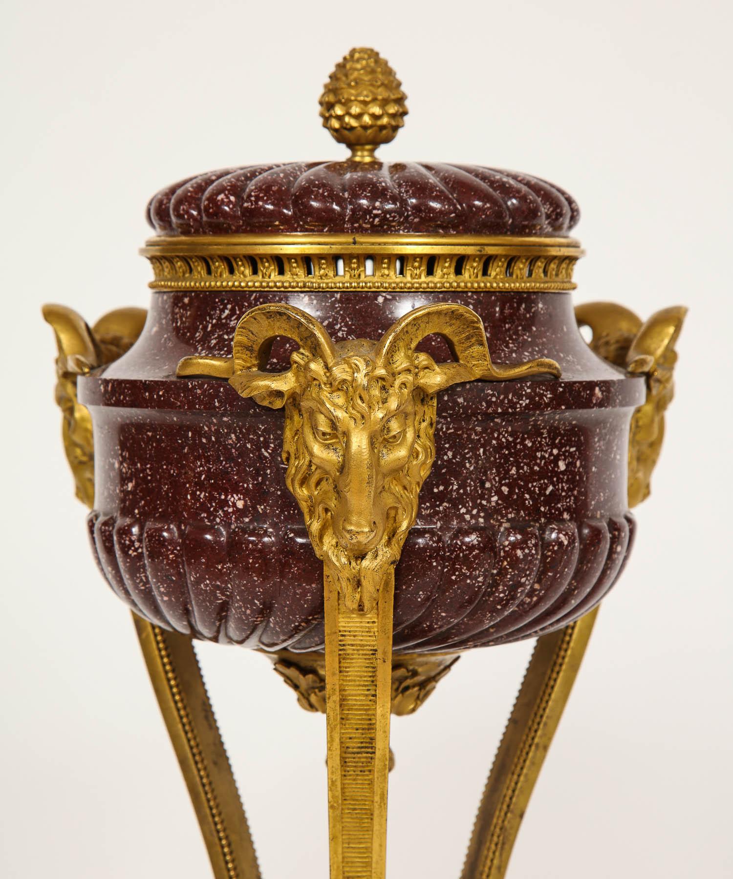XIXe siècle Paire de parfums Brule montés en porphyre égyptien et bronze doré d'après Gouthiere en vente