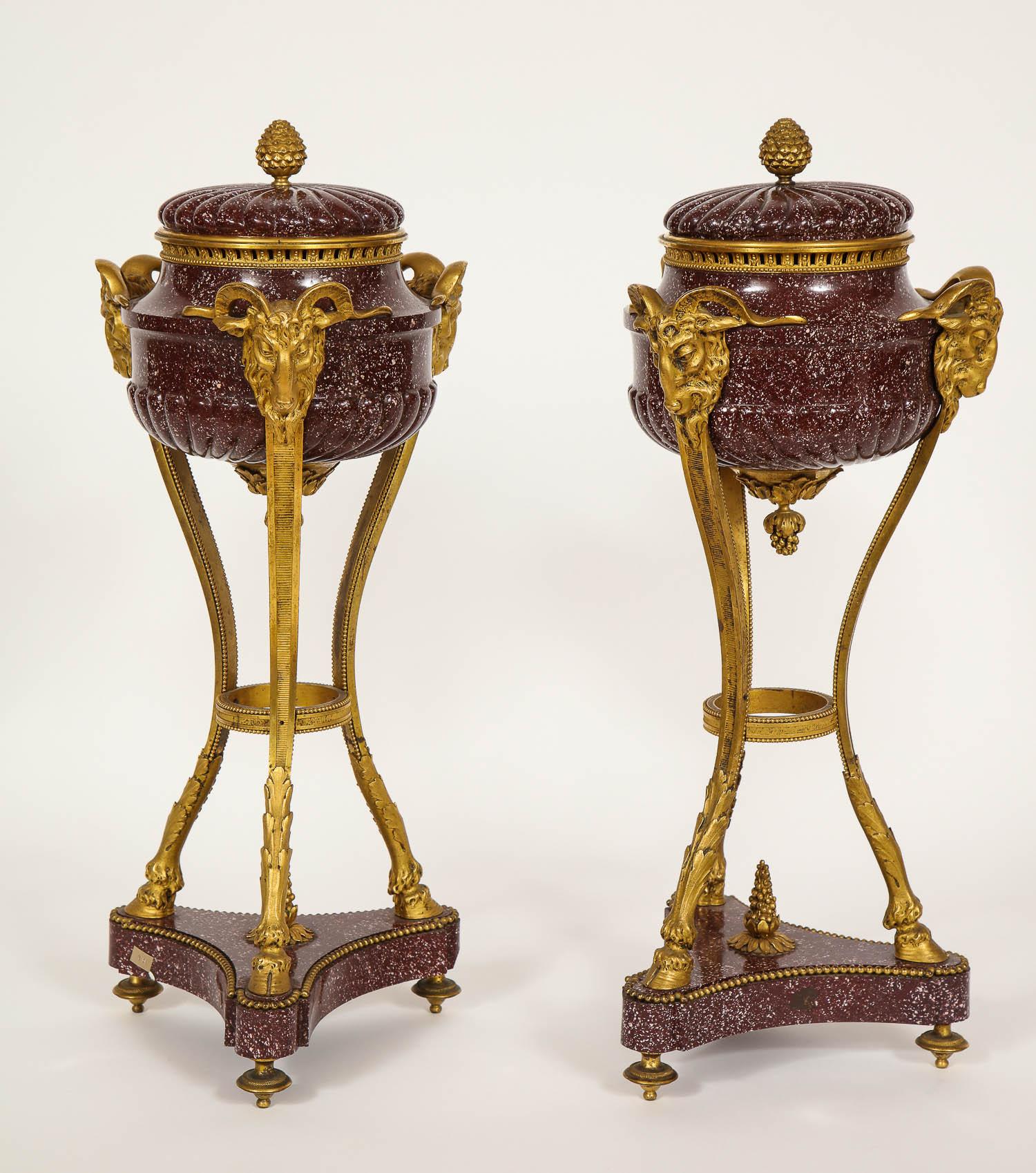 19th Century Pair of Egyptian Porphyry Ormolu-Mounted Brule Parfumes after Gouthiere For Sale