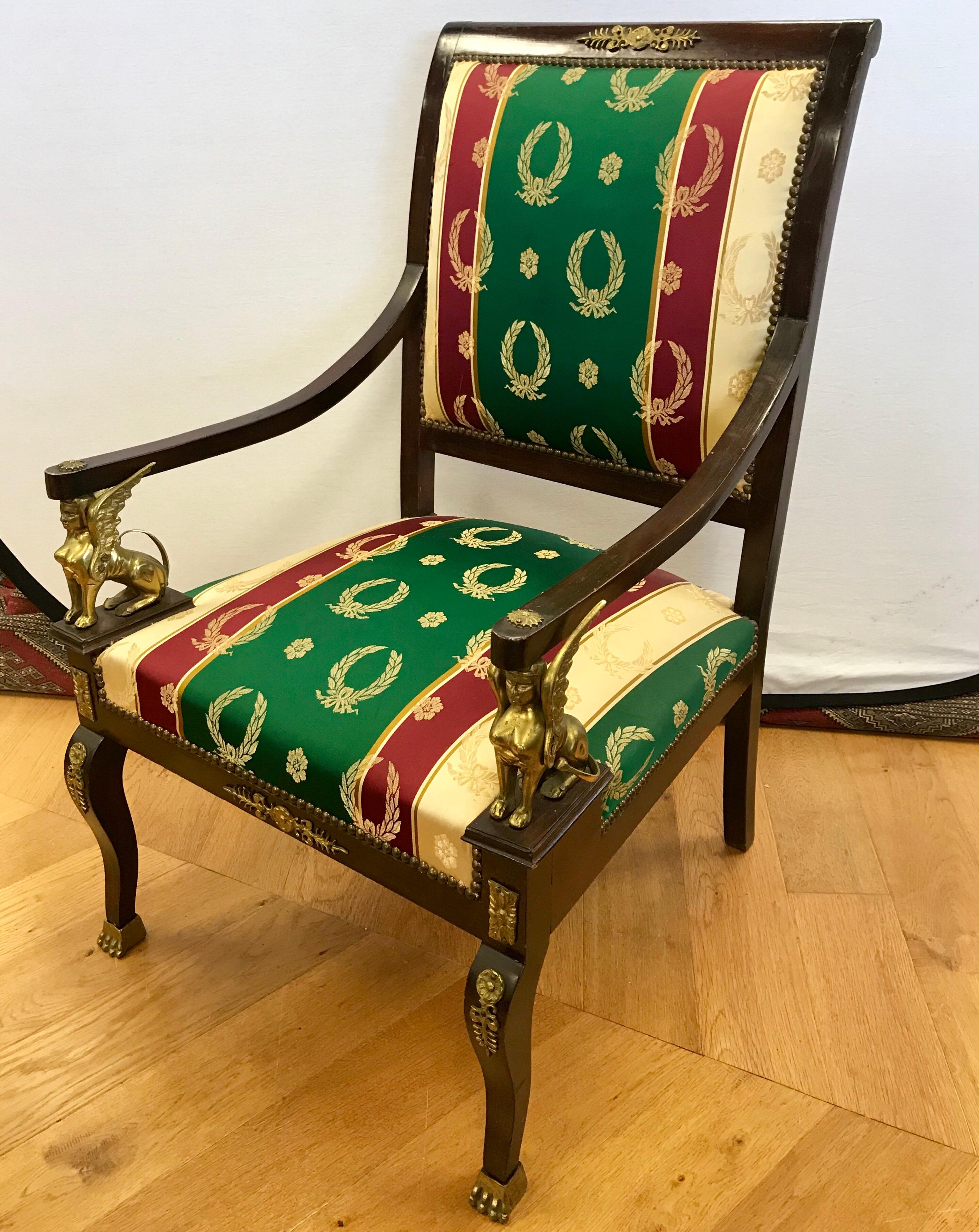 Pair of Egyptian Revival Armchairs Bronze Ormolu Mounts Mahogany Empire In Fair Condition In West Hartford, CT