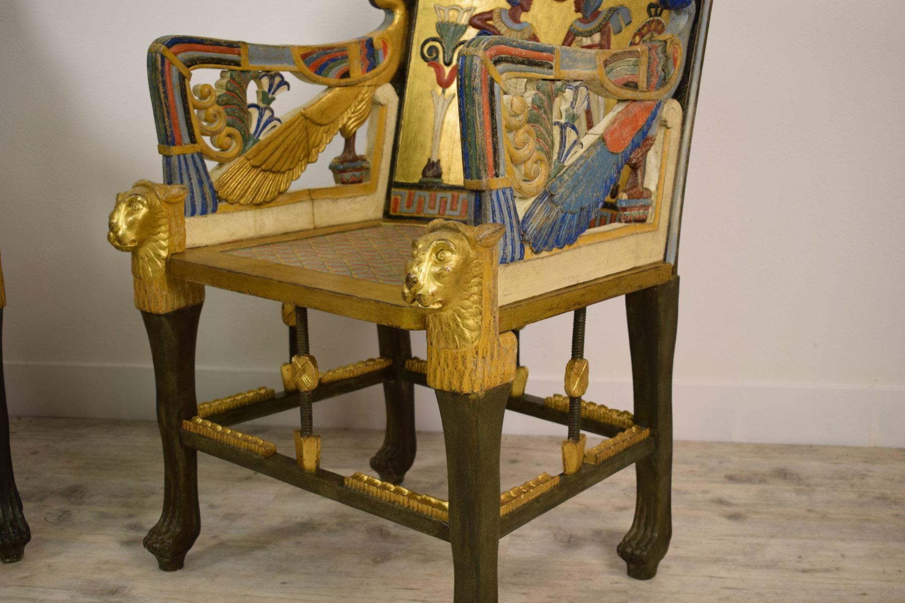 20th Century, Pair of Lacquered Giltwood Armchairs in Egyptian Revival Style For Sale 3