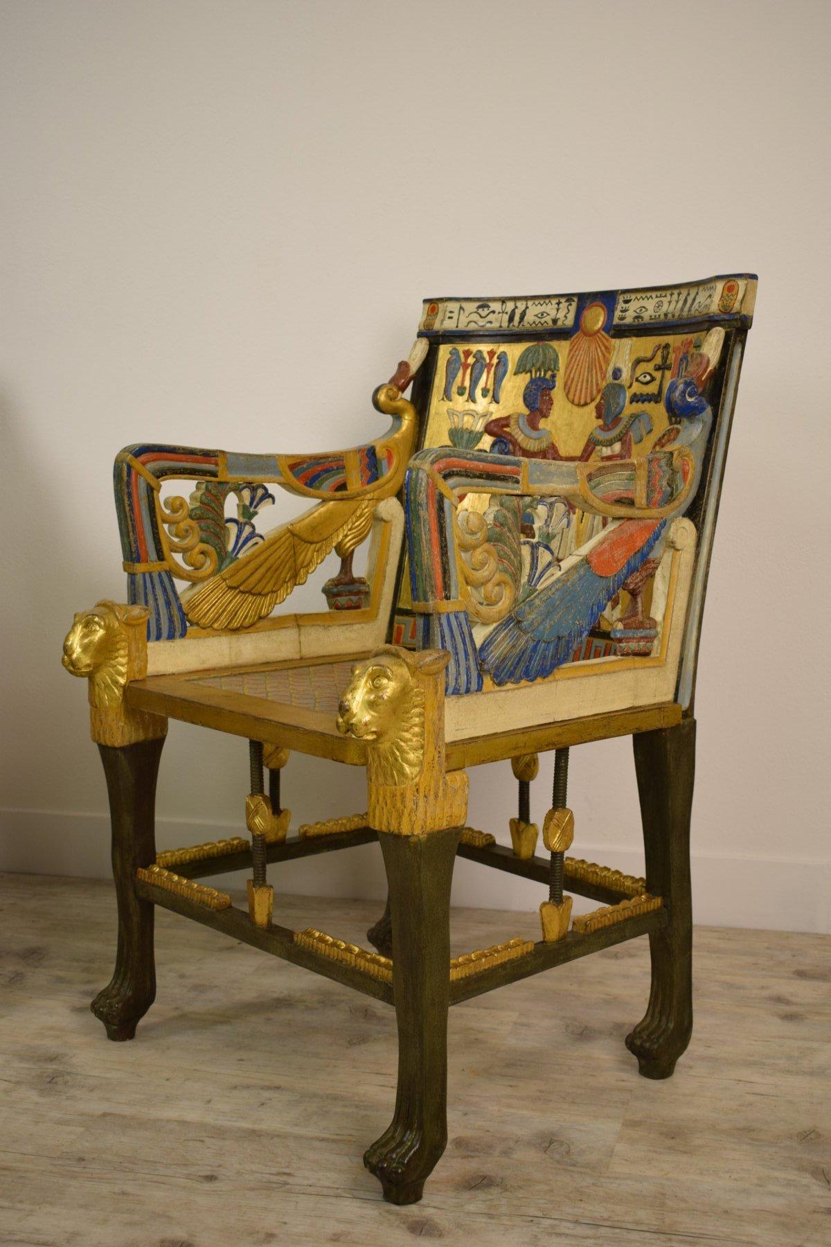 20th Century, Pair of Lacquered Giltwood Armchairs in Egyptian Revival Style For Sale 5