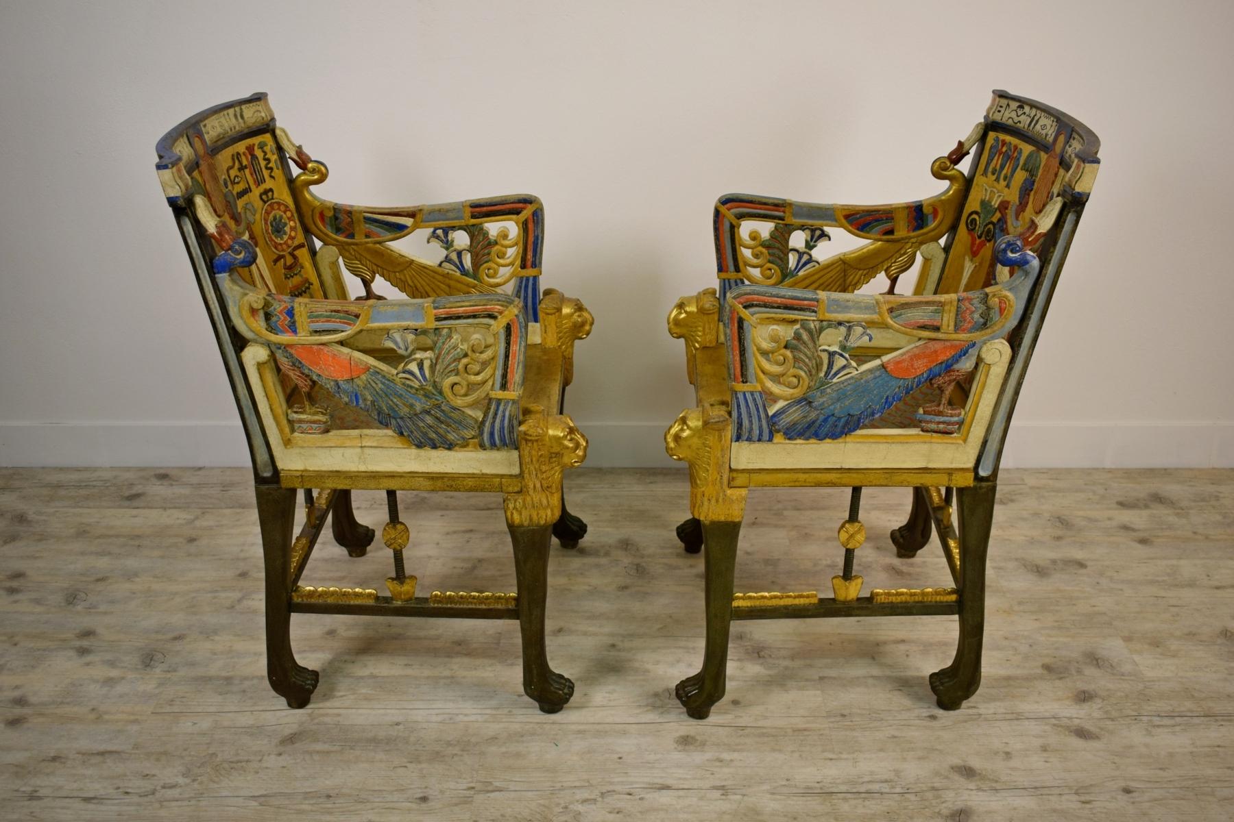 20th Century, Pair of Lacquered Giltwood Armchairs in Egyptian Revival Style For Sale 6