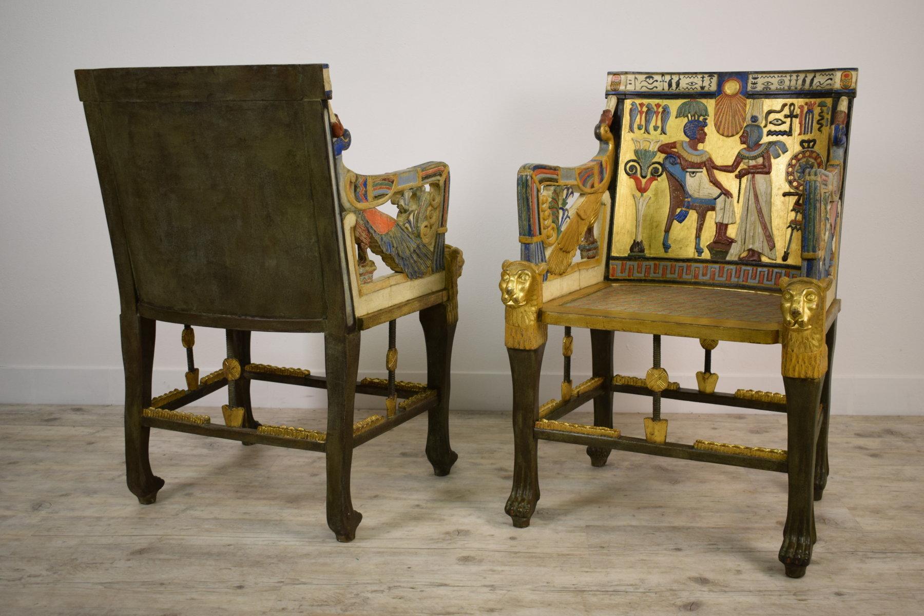 20th Century, Pair of Lacquered Giltwood Armchairs in Egyptian Revival Style For Sale 7