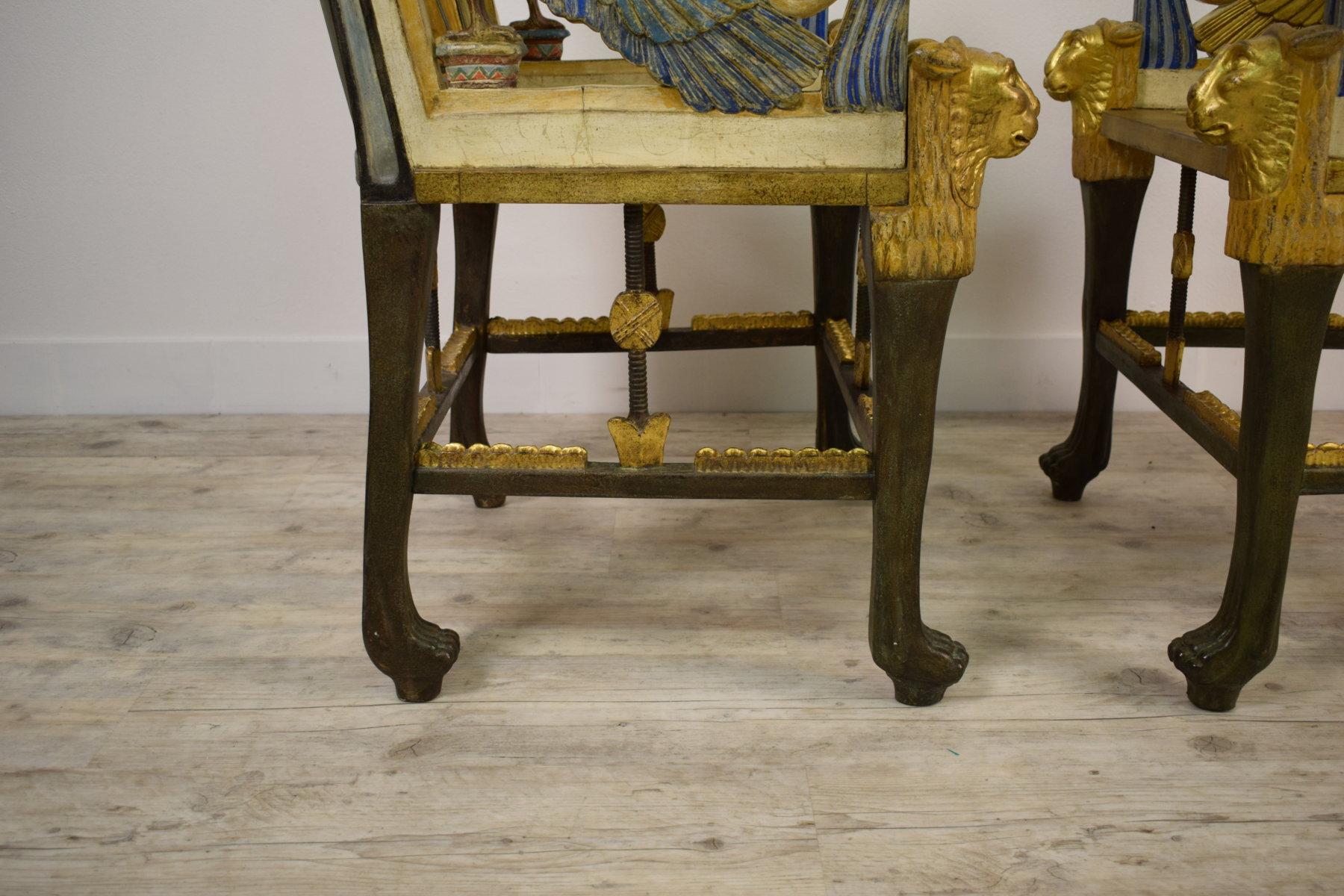 20th Century, Pair of Lacquered Giltwood Armchairs in Egyptian Revival Style For Sale 8