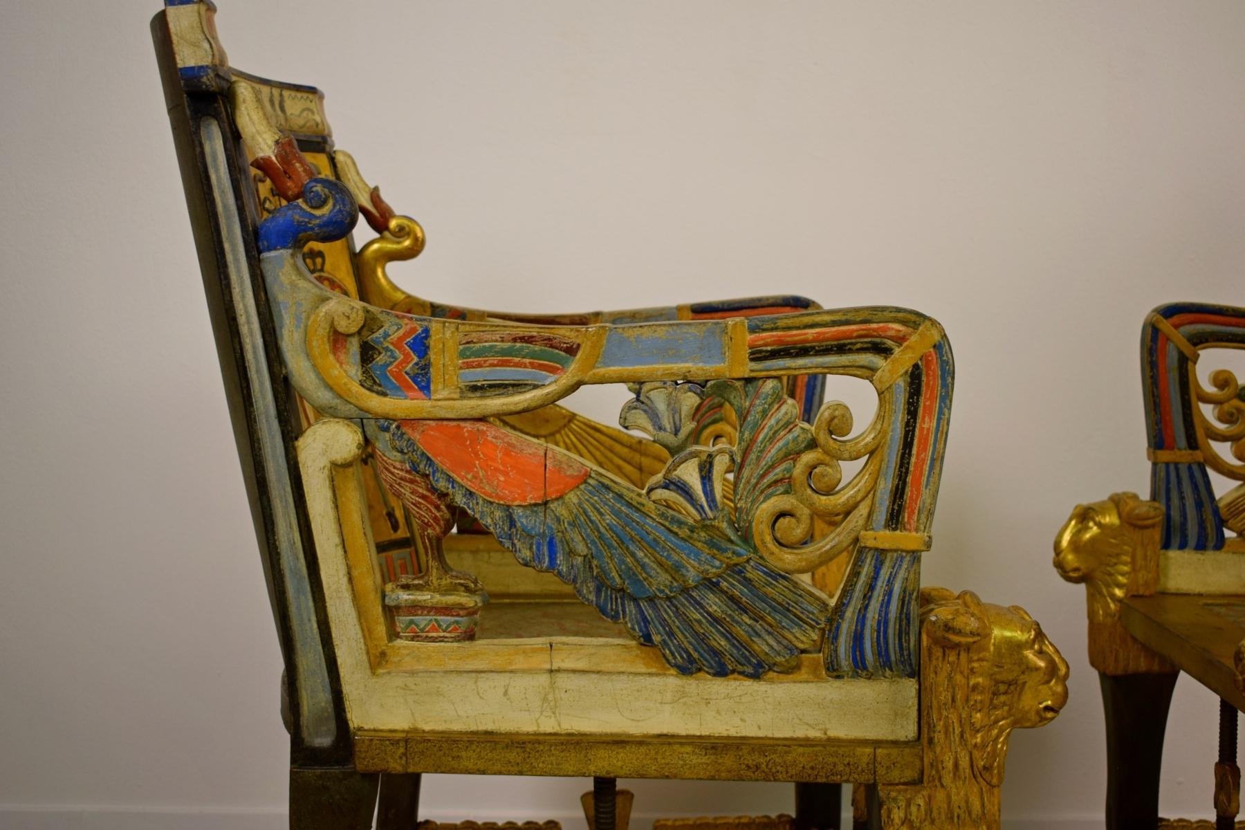 20th Century, Pair of Lacquered Giltwood Armchairs in Egyptian Revival Style For Sale 9