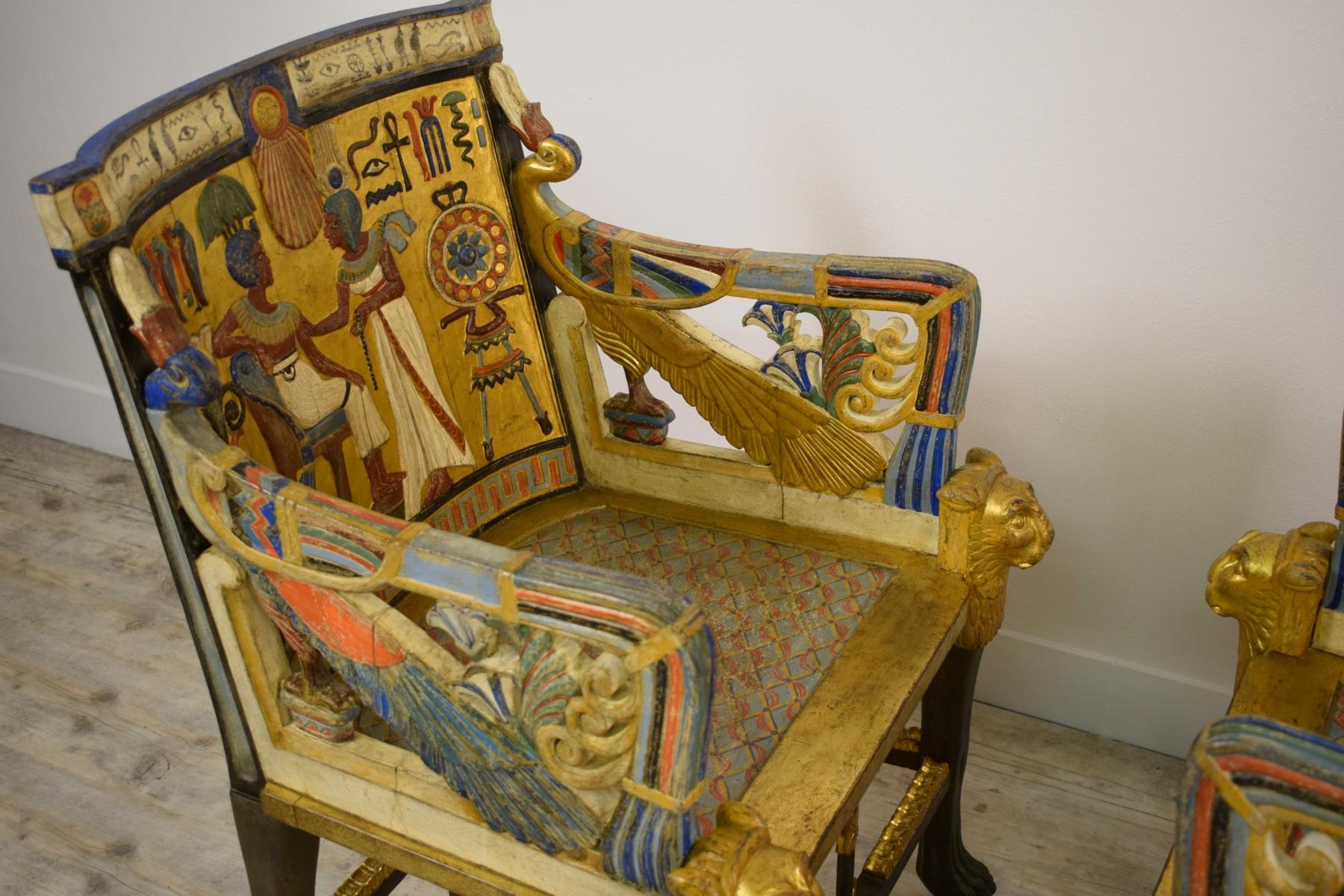 20th Century, Pair of Lacquered Giltwood Armchairs in Egyptian Revival Style For Sale 12