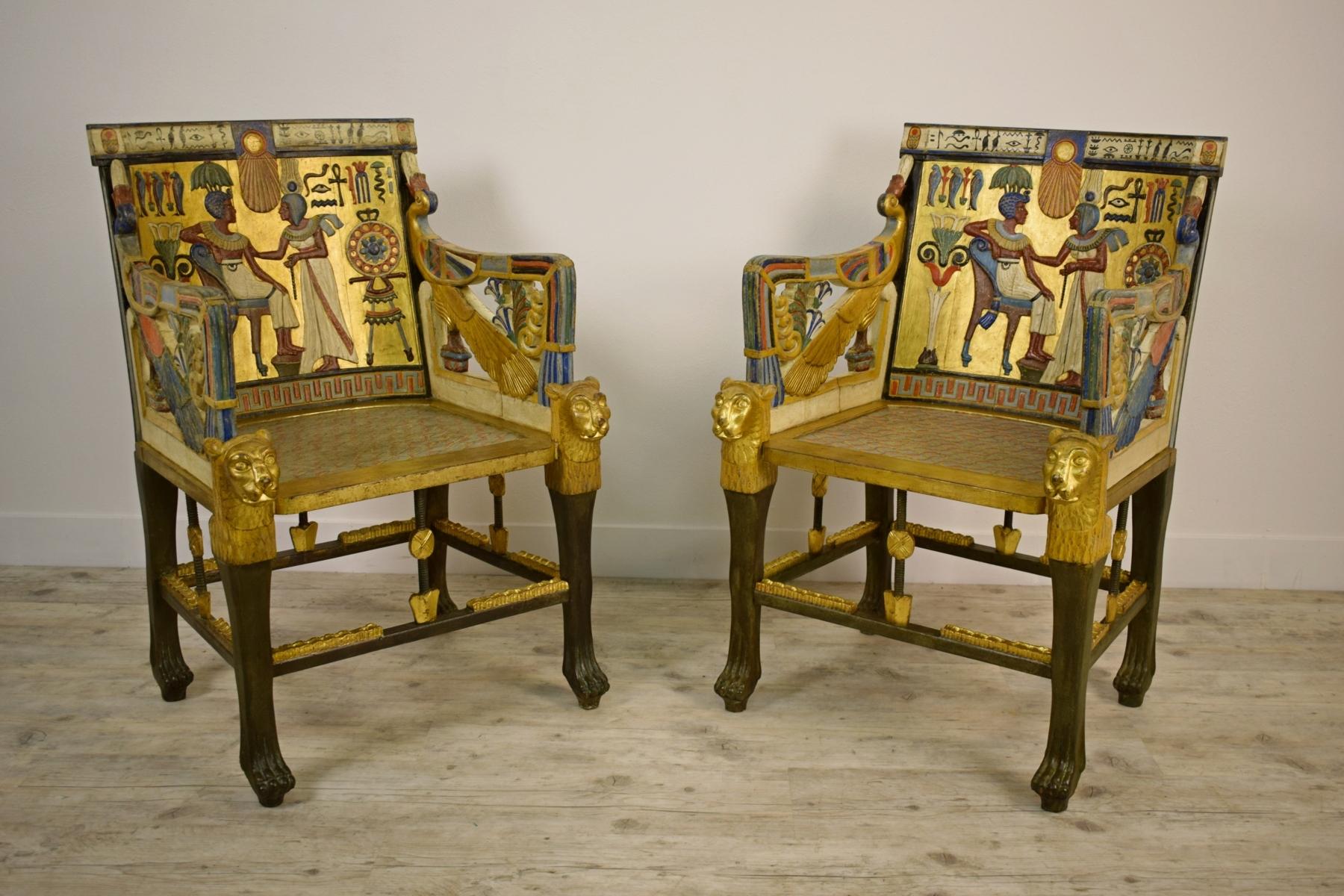 20th Century, Pair of Lacquered Giltwood Armchairs in Egyptian revival style

This particular pair of armchairs, made of carved wood, lacquered and golden, is very bright and decorative. The armchairs can be placed in any furnishing context as they