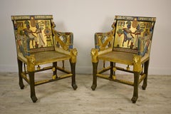 20th Century, Pair of Lacquered Giltwood Armchairs in Egyptian Revival Style
