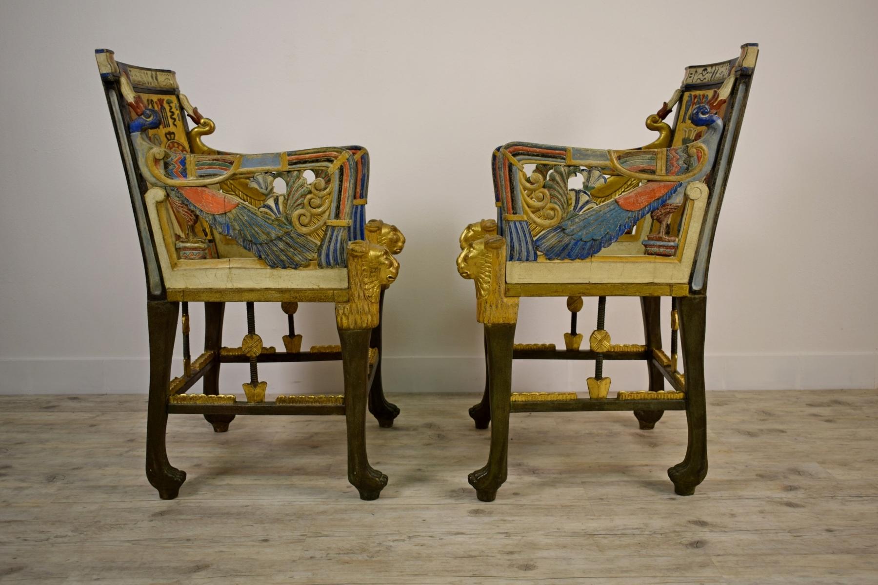 Hardwood 20th Century, Pair of Lacquered Giltwood Armchairs in Egyptian Revival Style For Sale