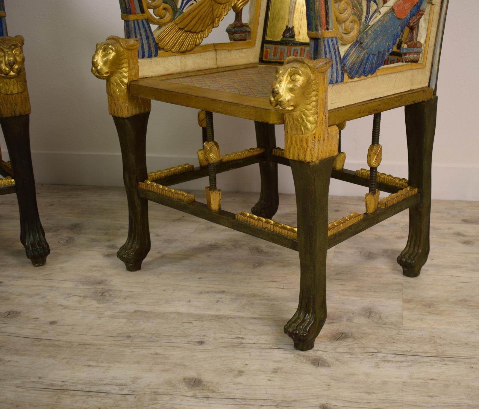 20th Century, Pair of Lacquered Giltwood Armchairs in Egyptian Revival Style For Sale 2