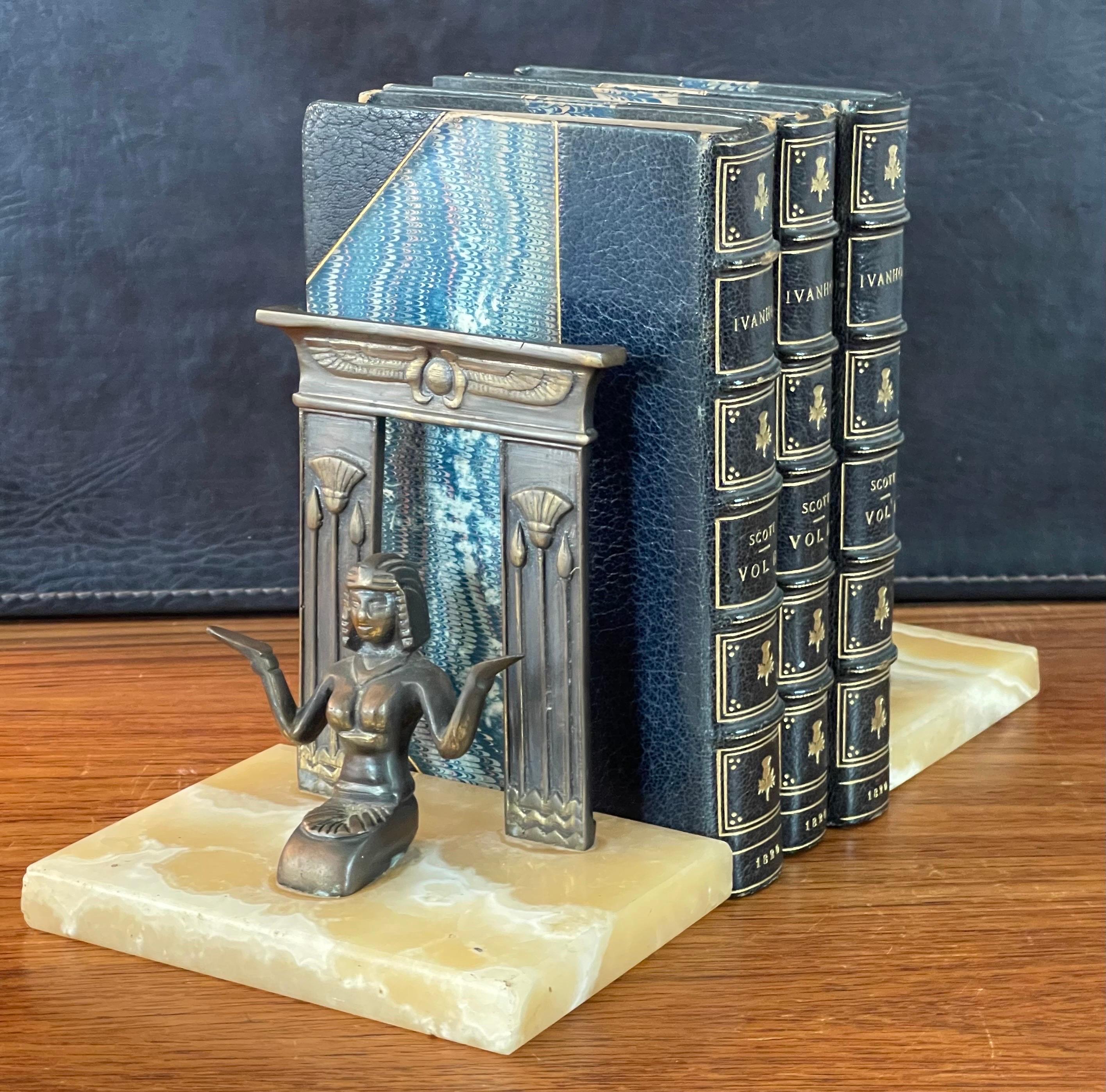 Pair of Egyptian Revival Bronze Bookends on Marble Blocks For Sale 5