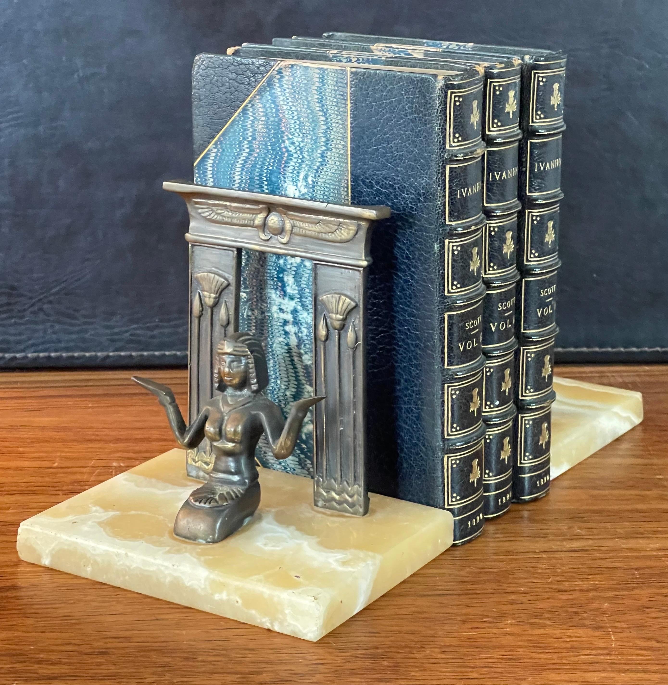 Art Deco Pair of Egyptian Revival Bronze Bookends on Marble Blocks For Sale
