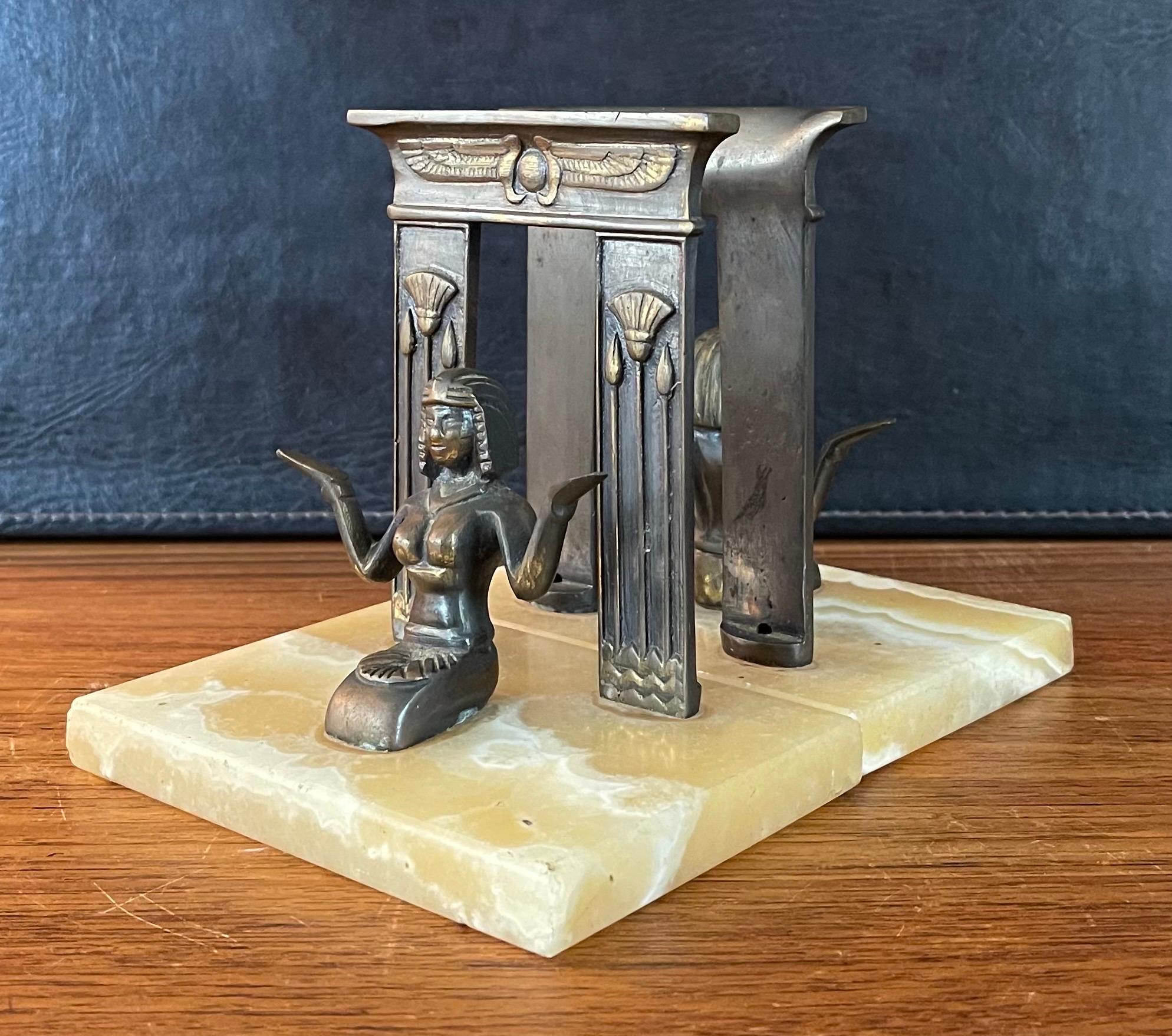 Pair of Egyptian Revival Bronze Bookends on Marble Blocks In Good Condition For Sale In San Diego, CA