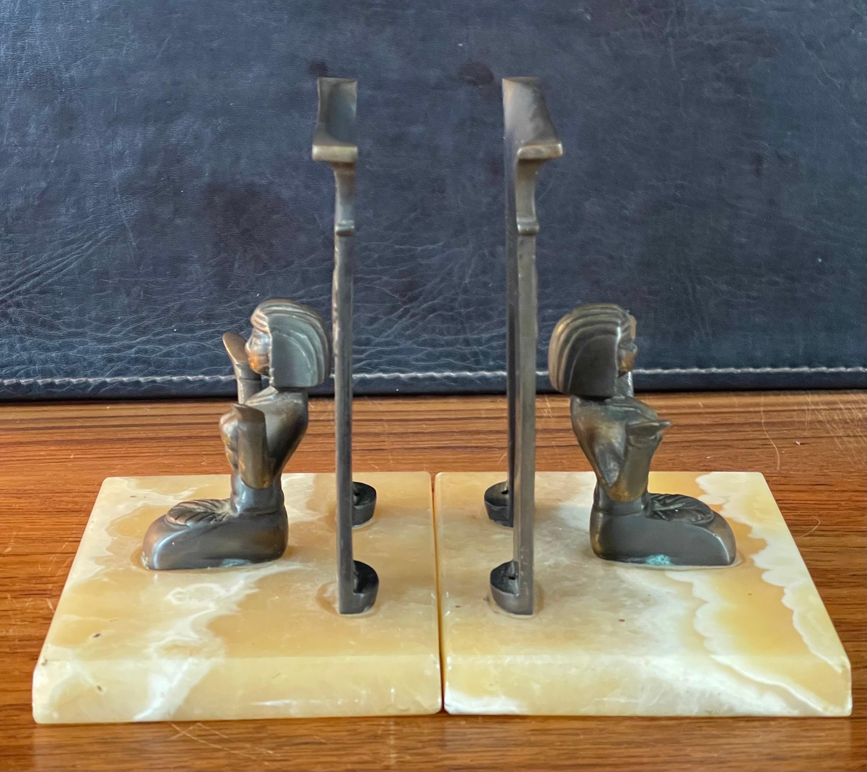 Pair of Egyptian Revival Bronze Bookends on Marble Blocks For Sale 1