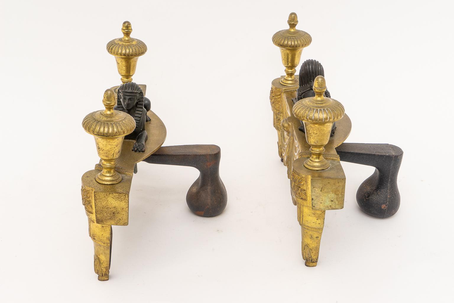 French Pair of Egyptian Revival Bronze Chenets For Sale