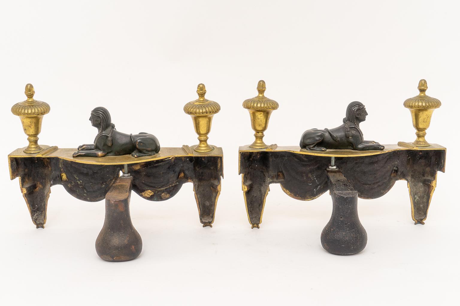 Cast Pair of Egyptian Revival Bronze Chenets For Sale